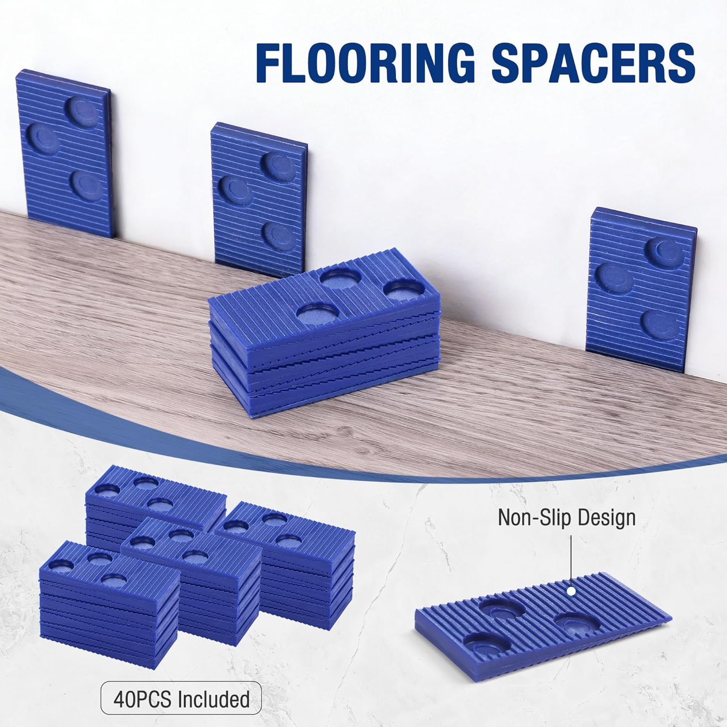 Blue flooring spacers with non-slip design, stacked and ready for installation