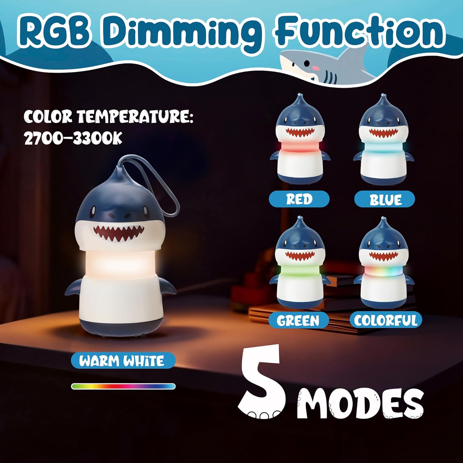 Blue shark lantern night light with white base, multi-color LED glow shown