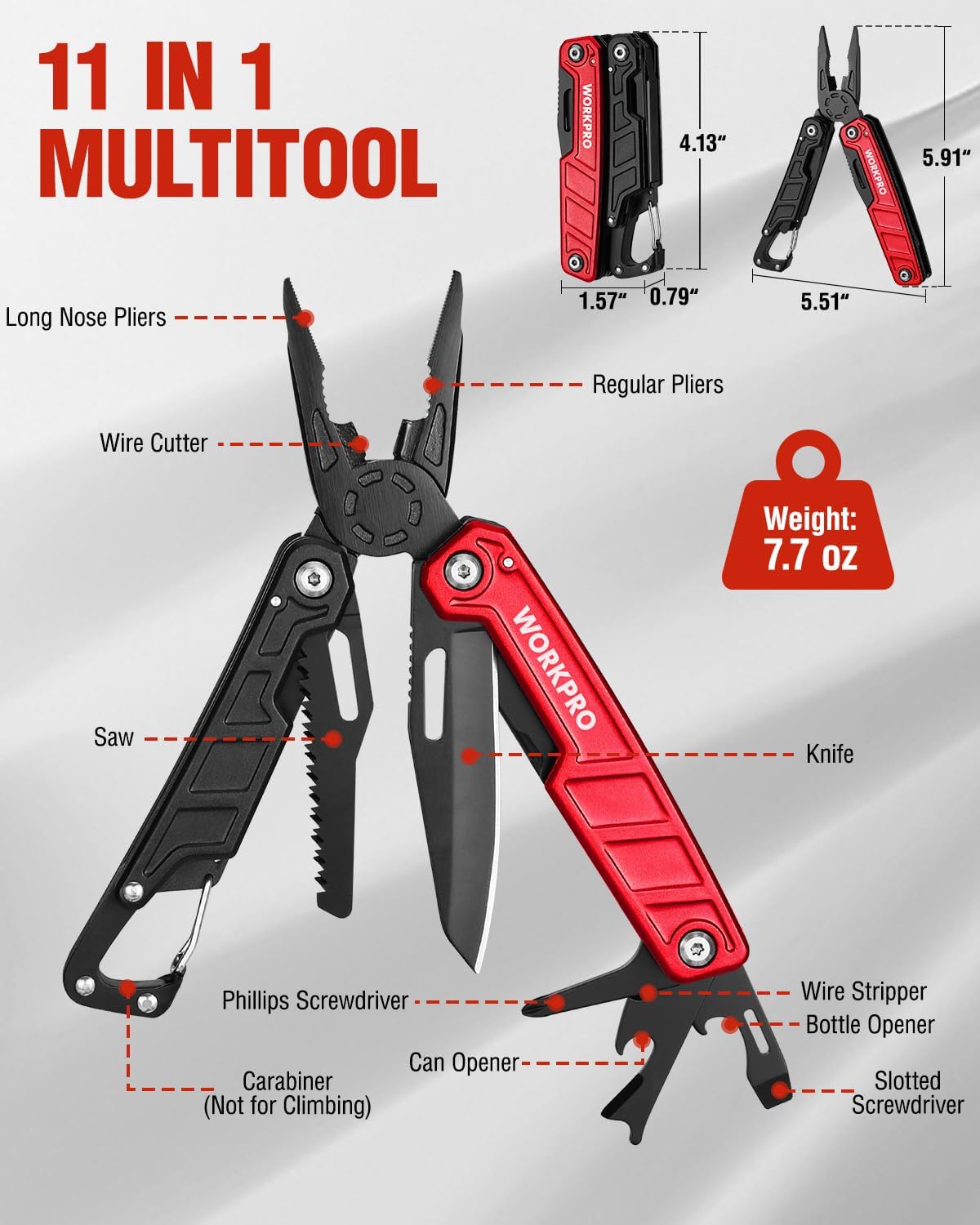 11-in-1 multitool pliers, red and black with blades, saw, wire cutters, screwdriver