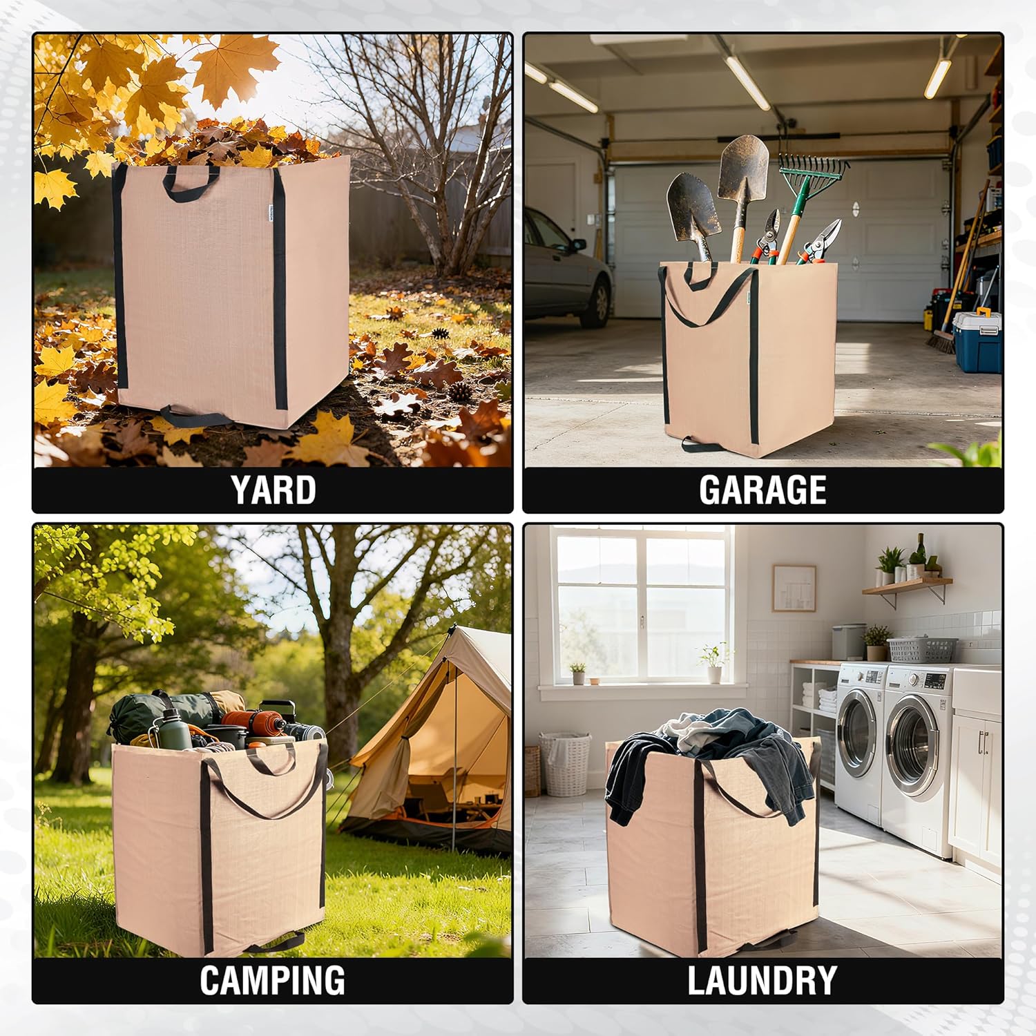 Light tan reusable yard waste bag for leaves, garden debris, laundry storage