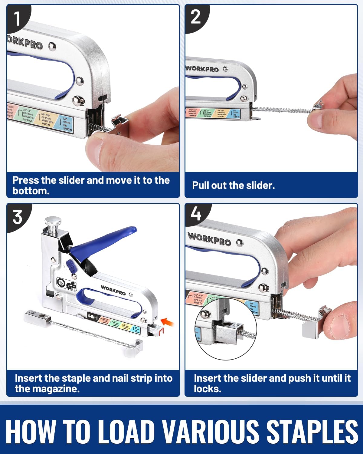 Hand loading manual staple gun with slide mechanism for staples and nail strip