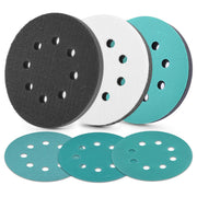 Set of 5-inch orbital sander hook-and-loop sanding discs in teal, white, and black