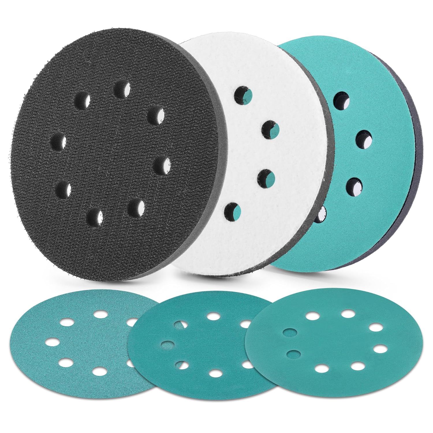 Set of 5-inch orbital sander hook-and-loop sanding discs in teal, white, and black