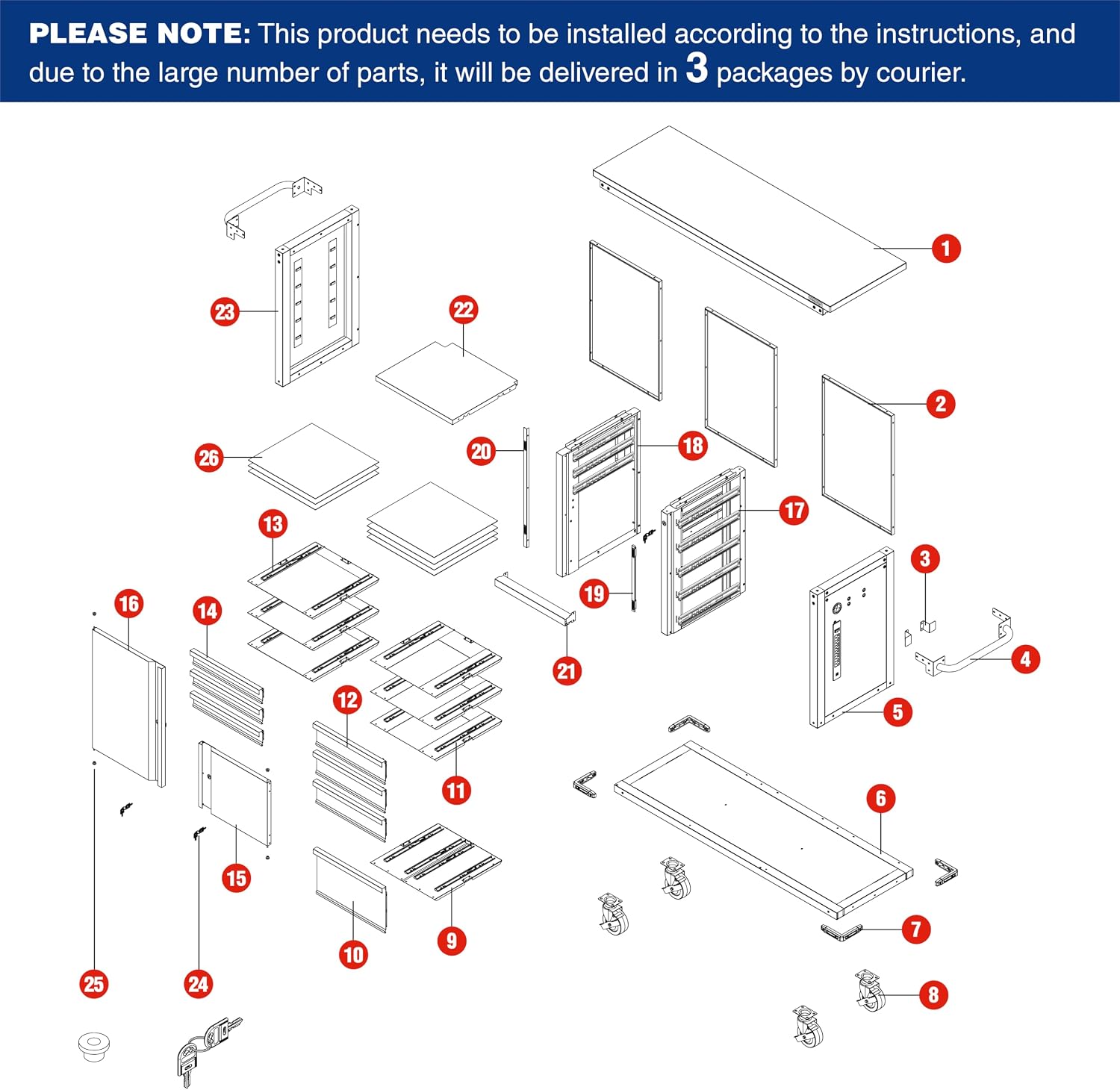 Exploded parts diagram for blue and black rolling tool chest with drawers and doors