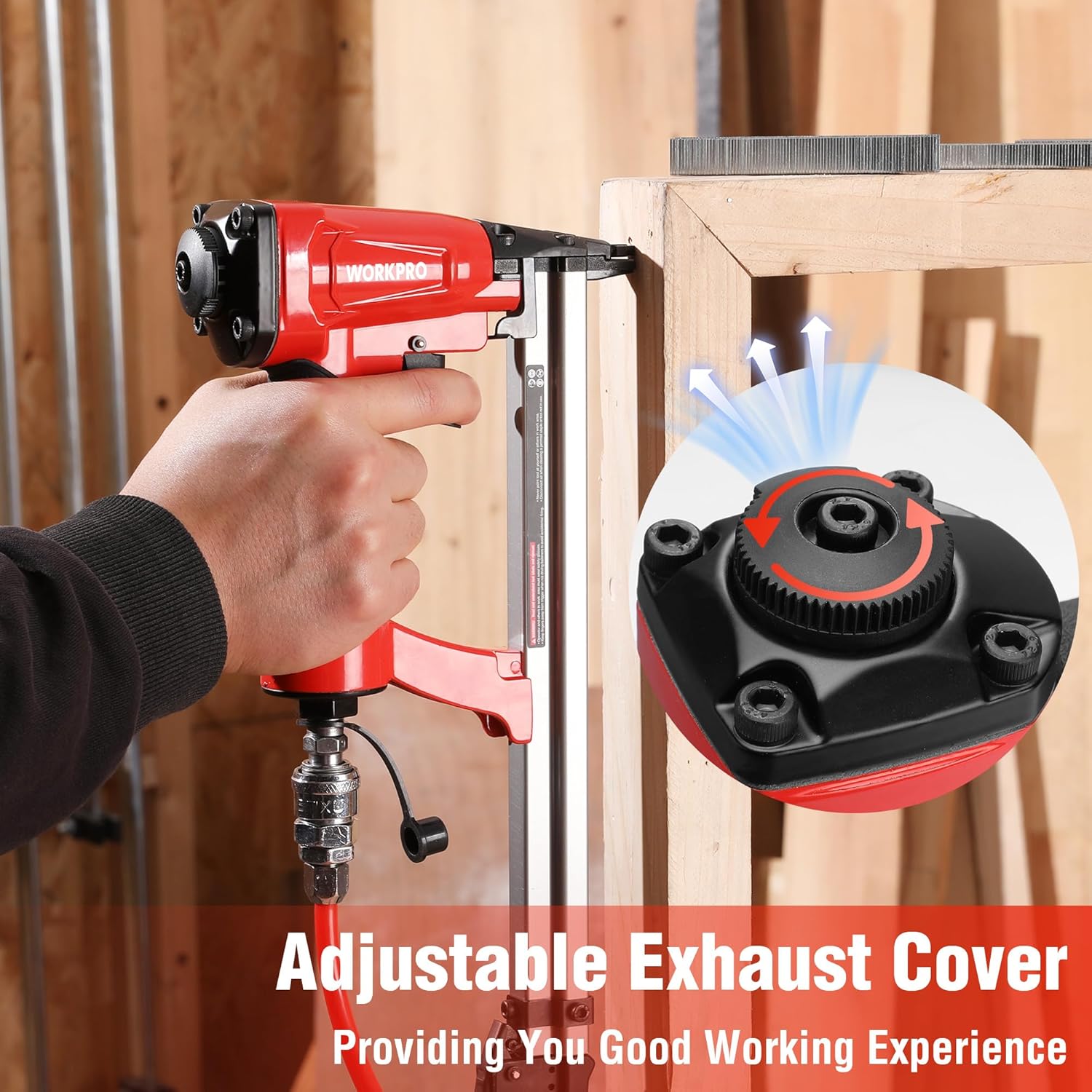 Pneumatic staple gun with adjustable exhaust cover near the top vent for airflow control