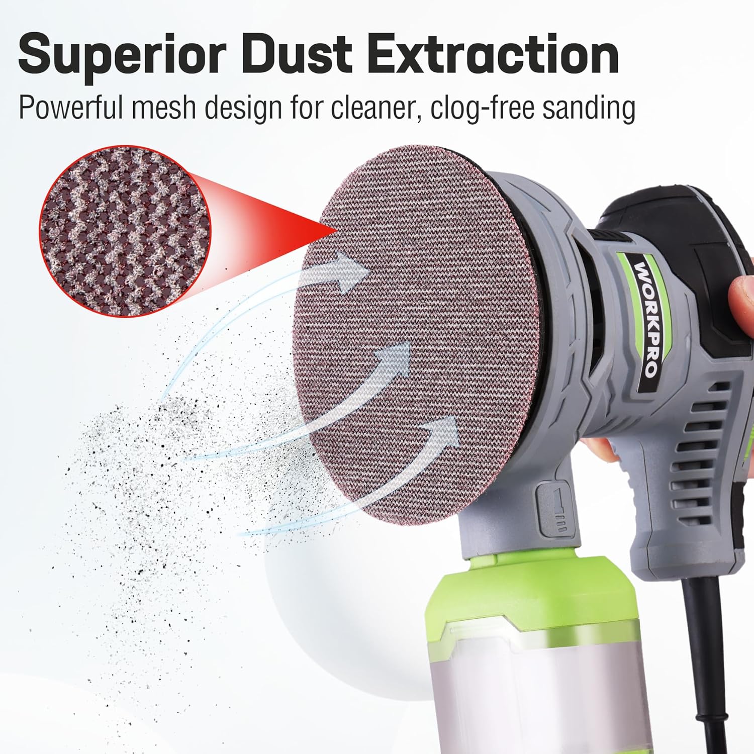 Hook-and-loop sanding disc on orbital sander with mesh-like abrasive surface