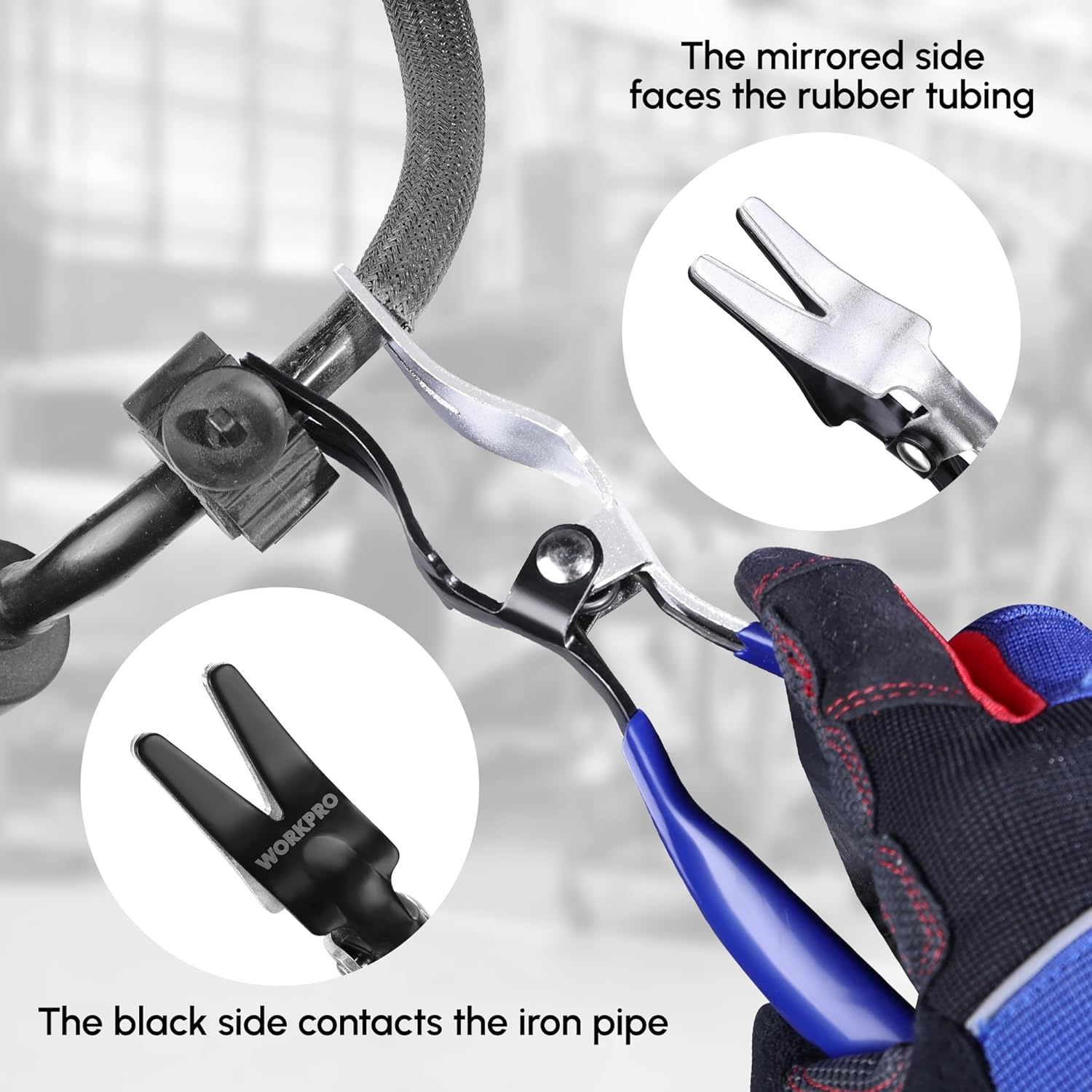 Hose removal pliers showing mirrored jaw and black side gripping an iron pipe and tubing