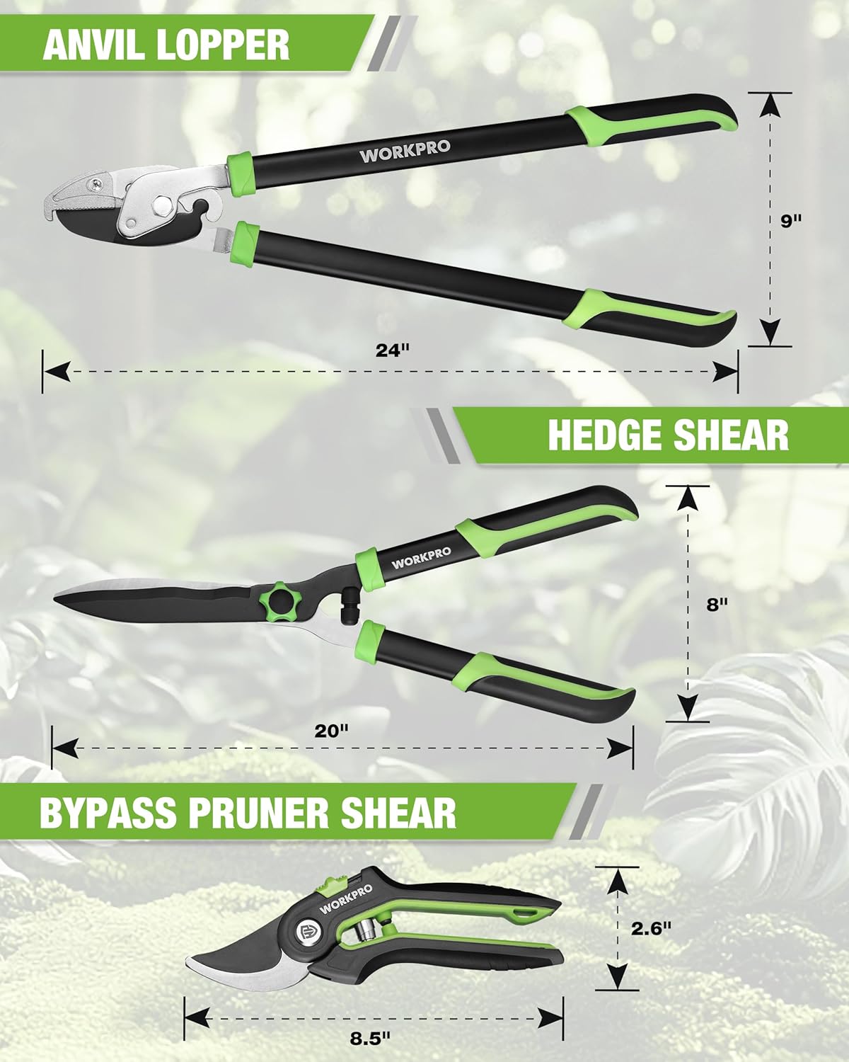 3-piece garden shears set: 20 in hedge shear, 24 in anvil lopper, 8 in pruner
