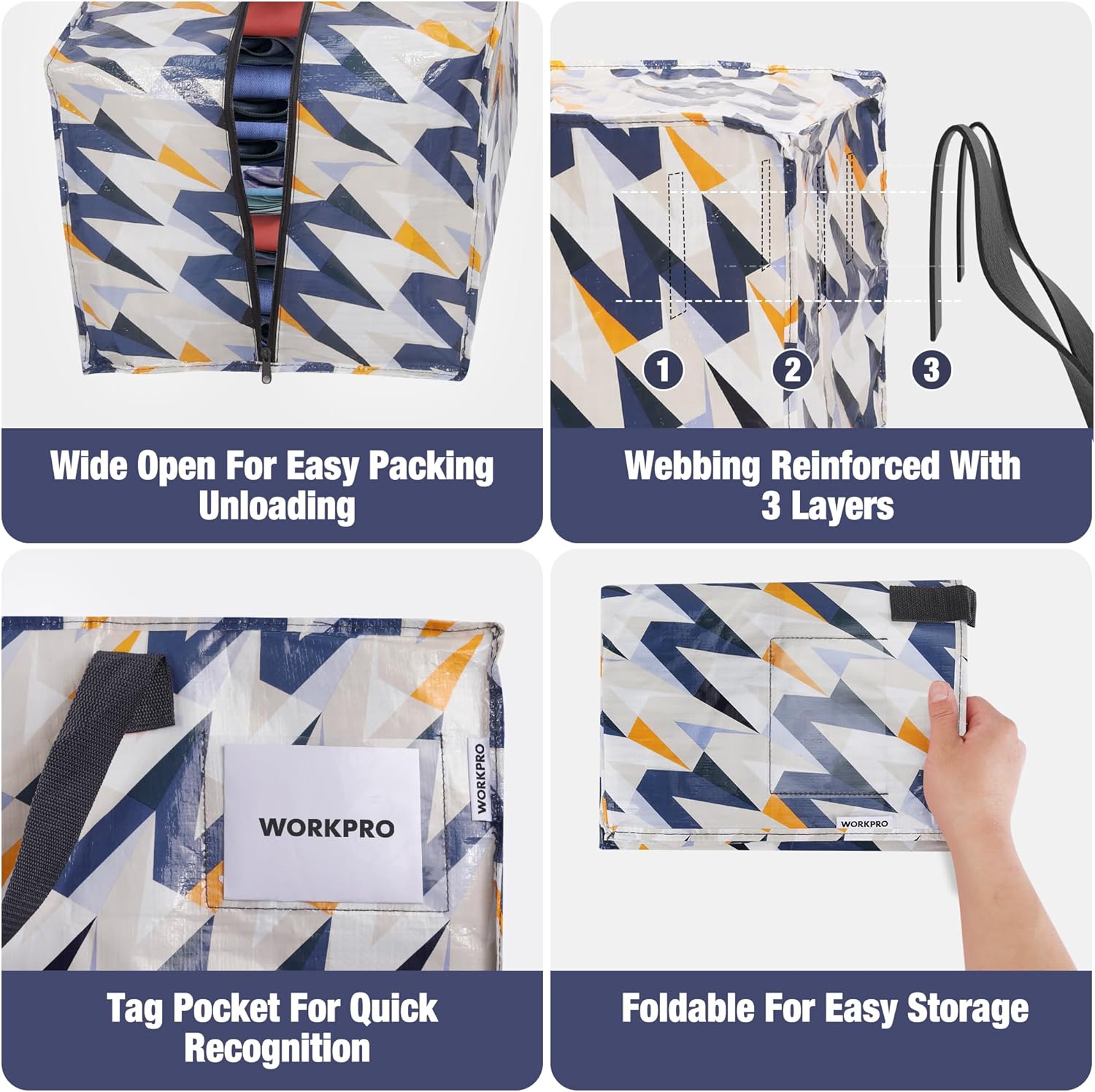 Extra large moving bag with wide zip opening, reinforced webbing, zigzag alphabet print