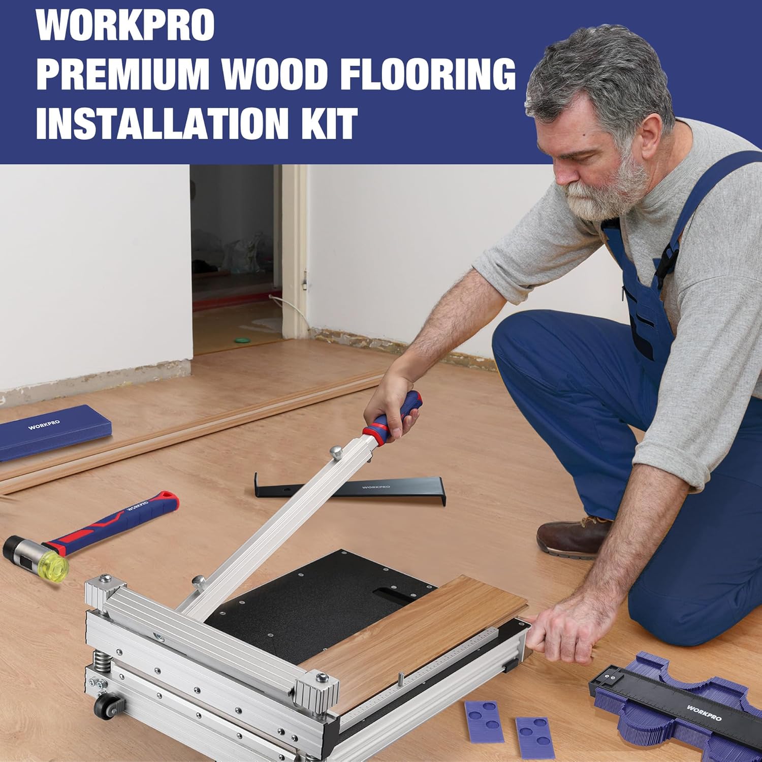 Laminate flooring installation kit with pull bar, mallet, contour gauge, and spacers