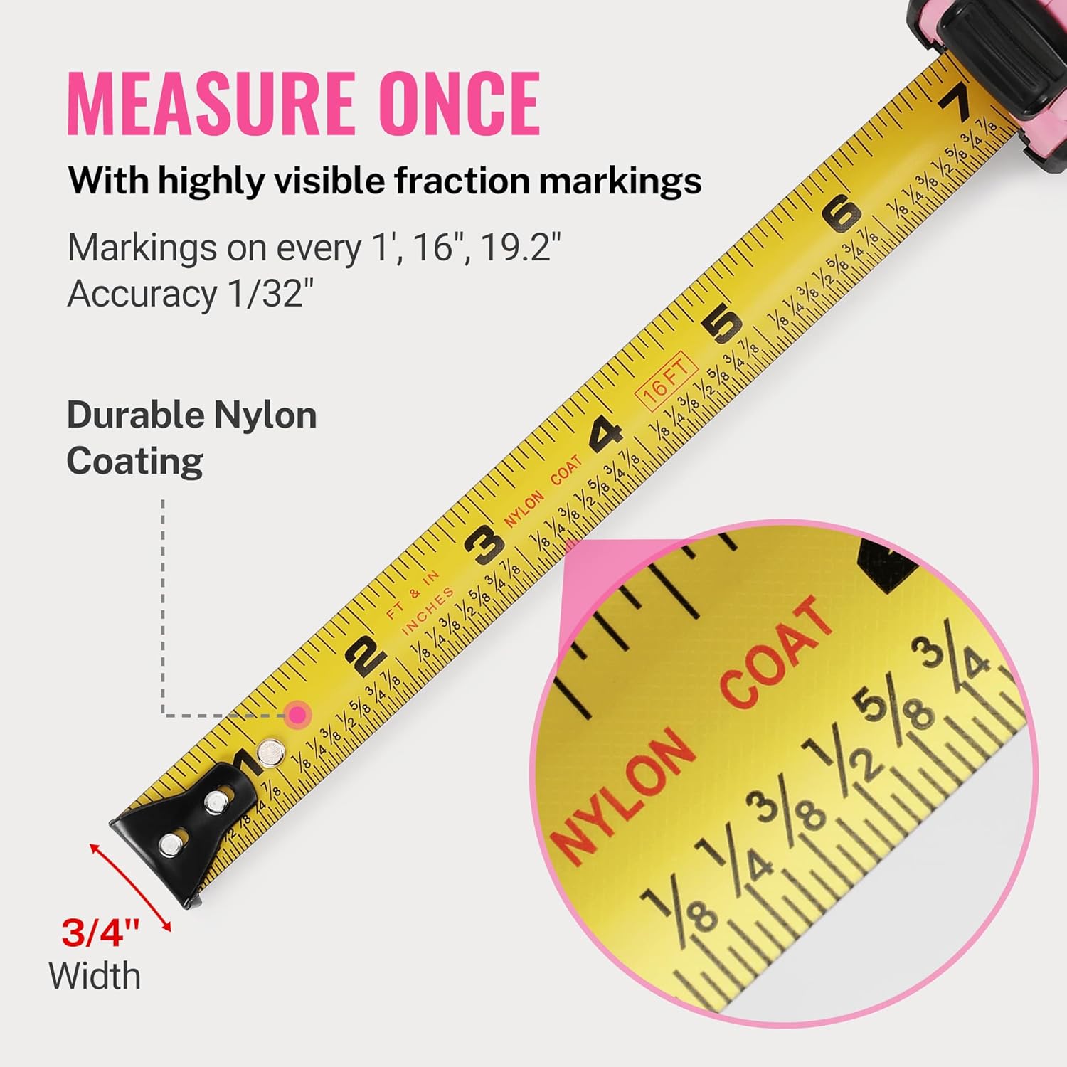 Retractable tape measure with yellow blade showing visible fraction markings and 1/32 accuracy