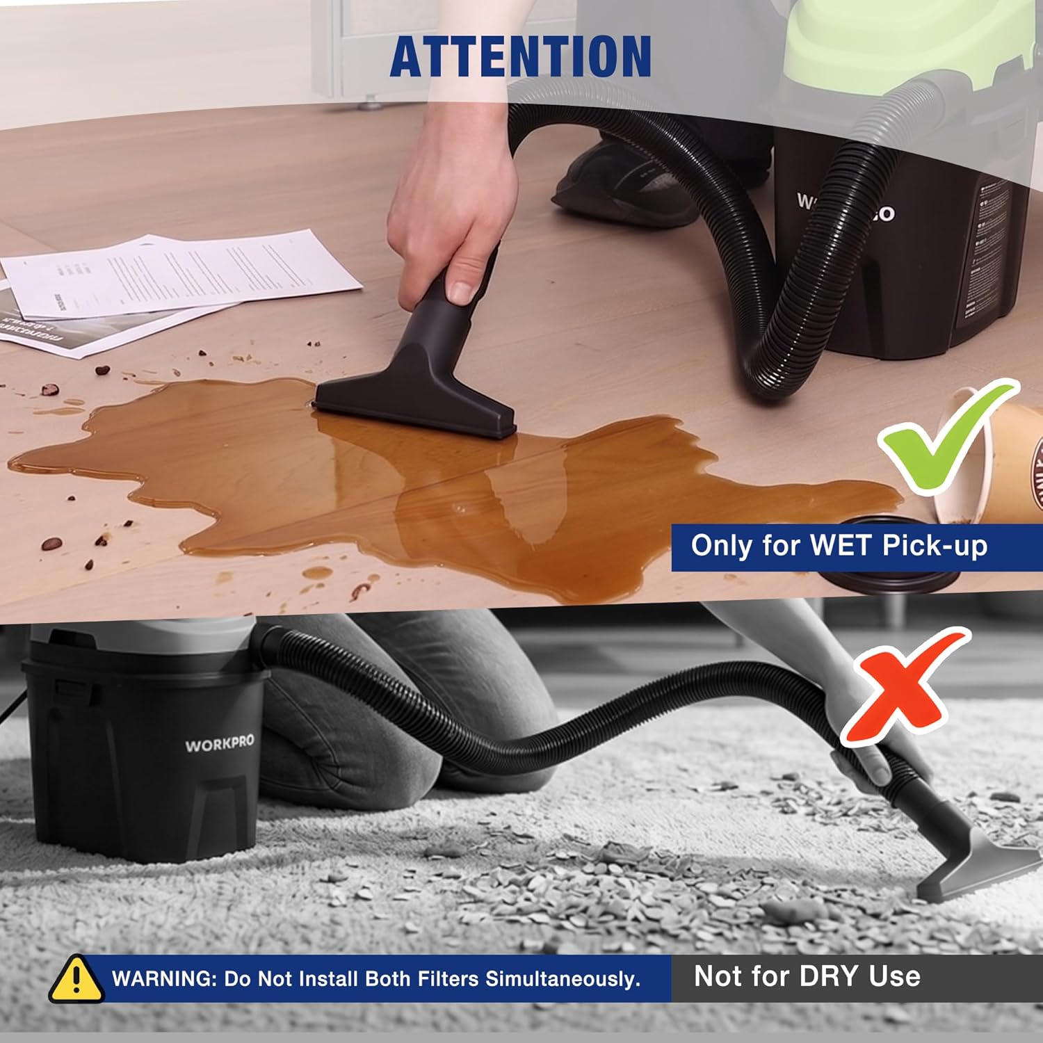 Black foam wet filter in a wet-use pickup vacuum setup on a floor