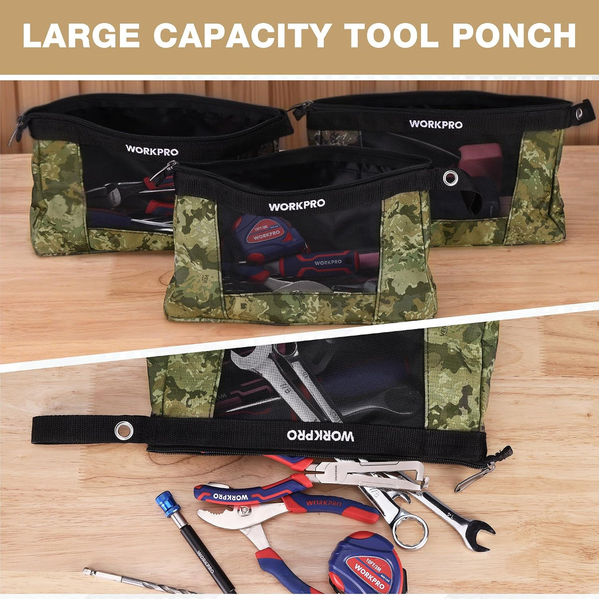 WORKPRO 12" Tool Pouches with Zipper, Heavy-Duty Small Tool Bag, Utility small tool pouch for Tool Organizers and Storage, Mini Tool Bag, 3 Pack, Camo