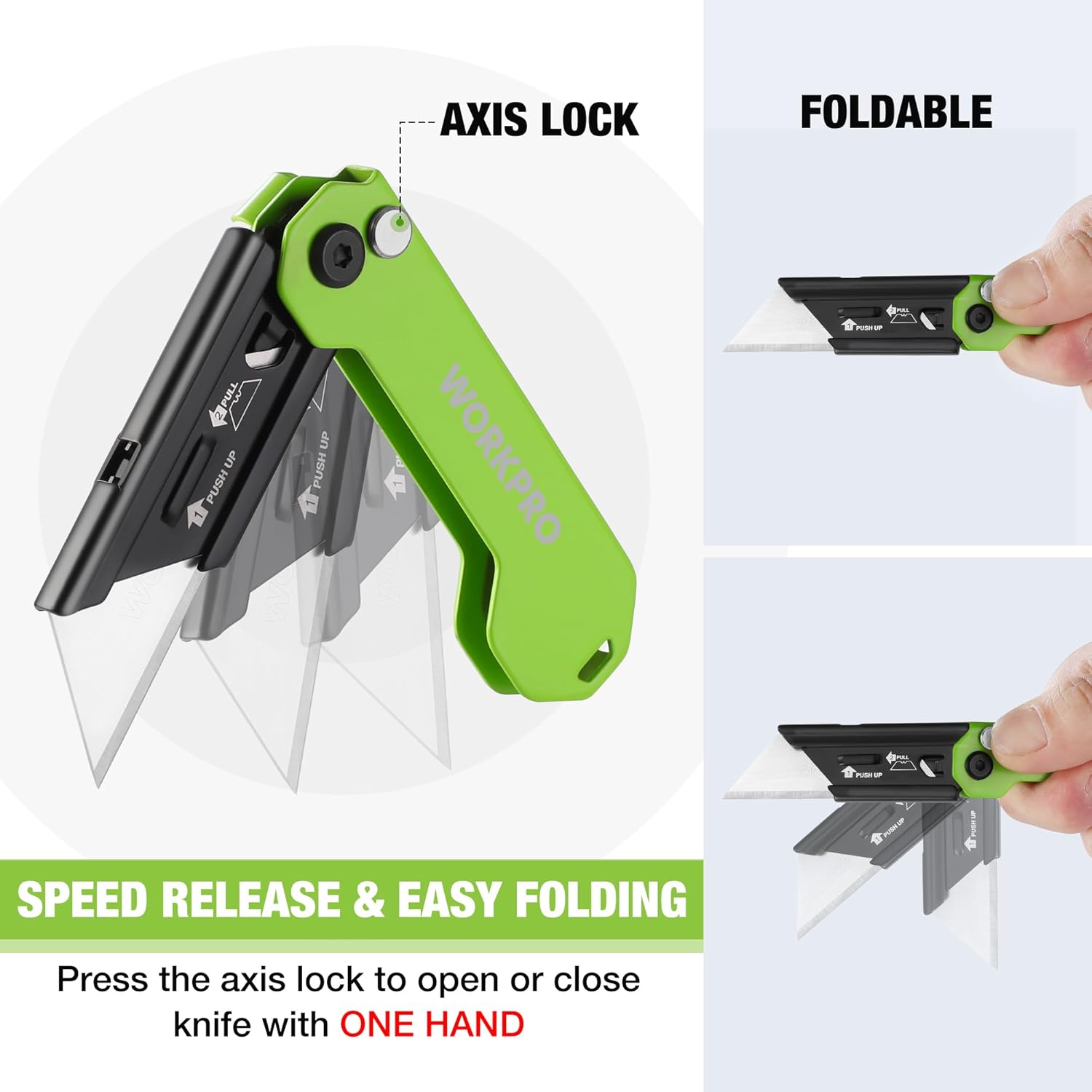 Green folding utility knife showing axis lock and one-hand open and close