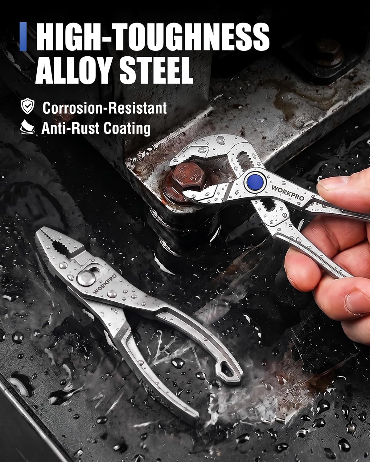 Alloy steel adjustable pliers with blue adjustment knob and anti-rust coating
