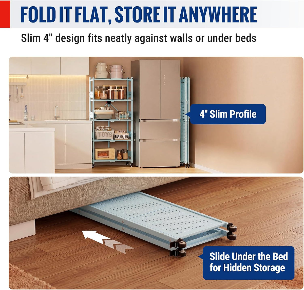 Slim blue metal folding shelf panel with caster base that slides under a bed