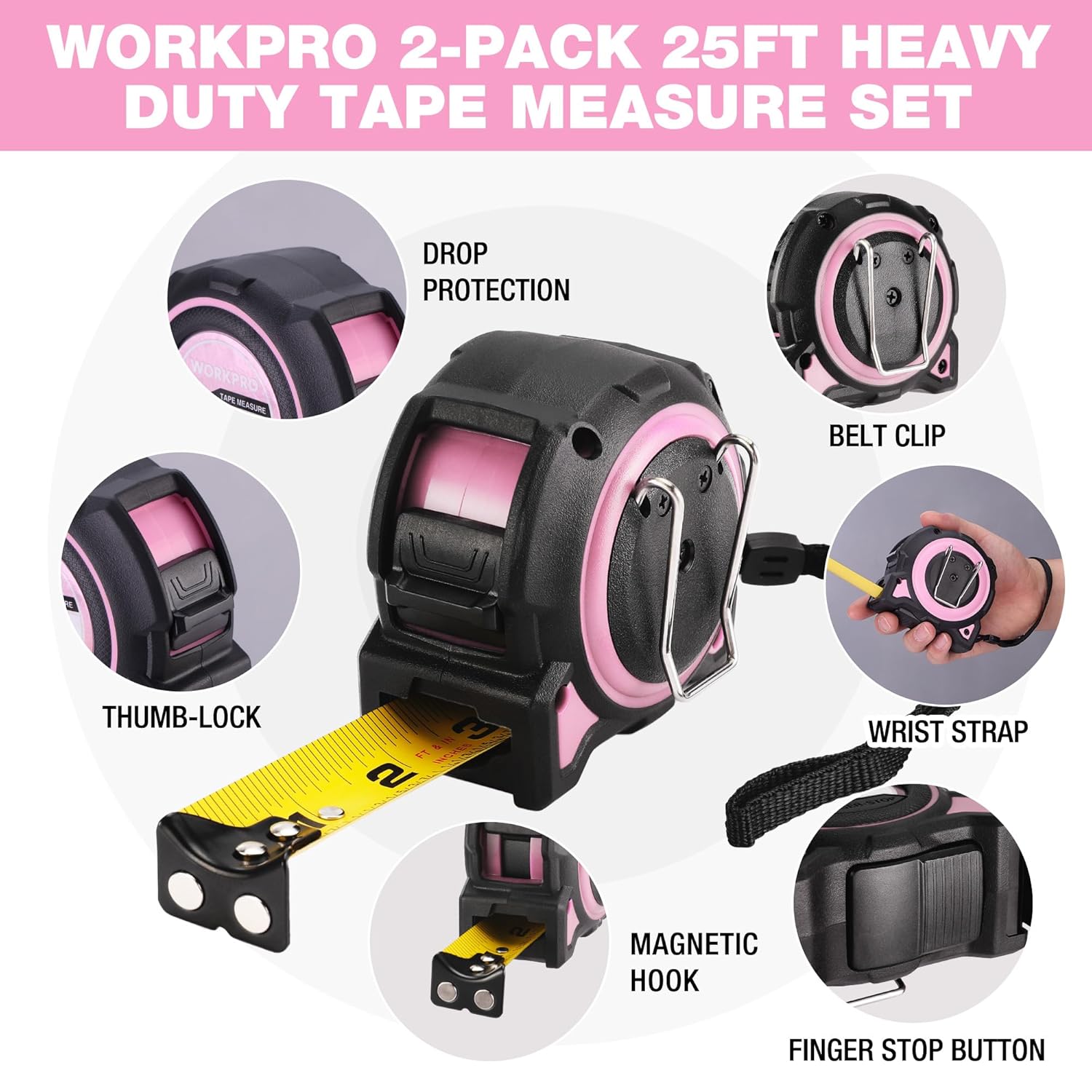 WORKPRO retractable tape measure with pink case, belt clip, magnetic hook, wrist strap
