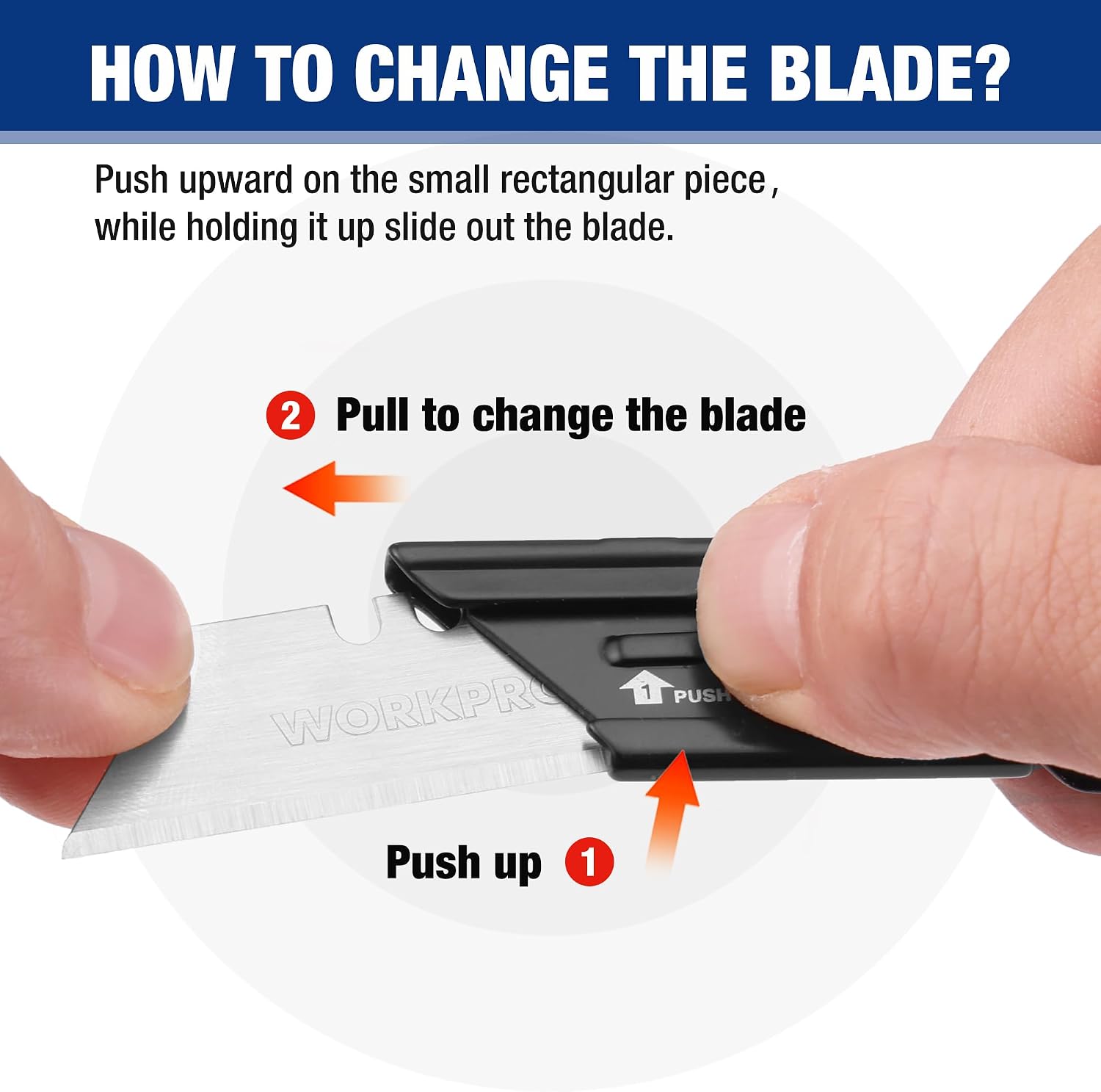 WORKPRO folding utility knife blade change showing push and pull latch with fingers