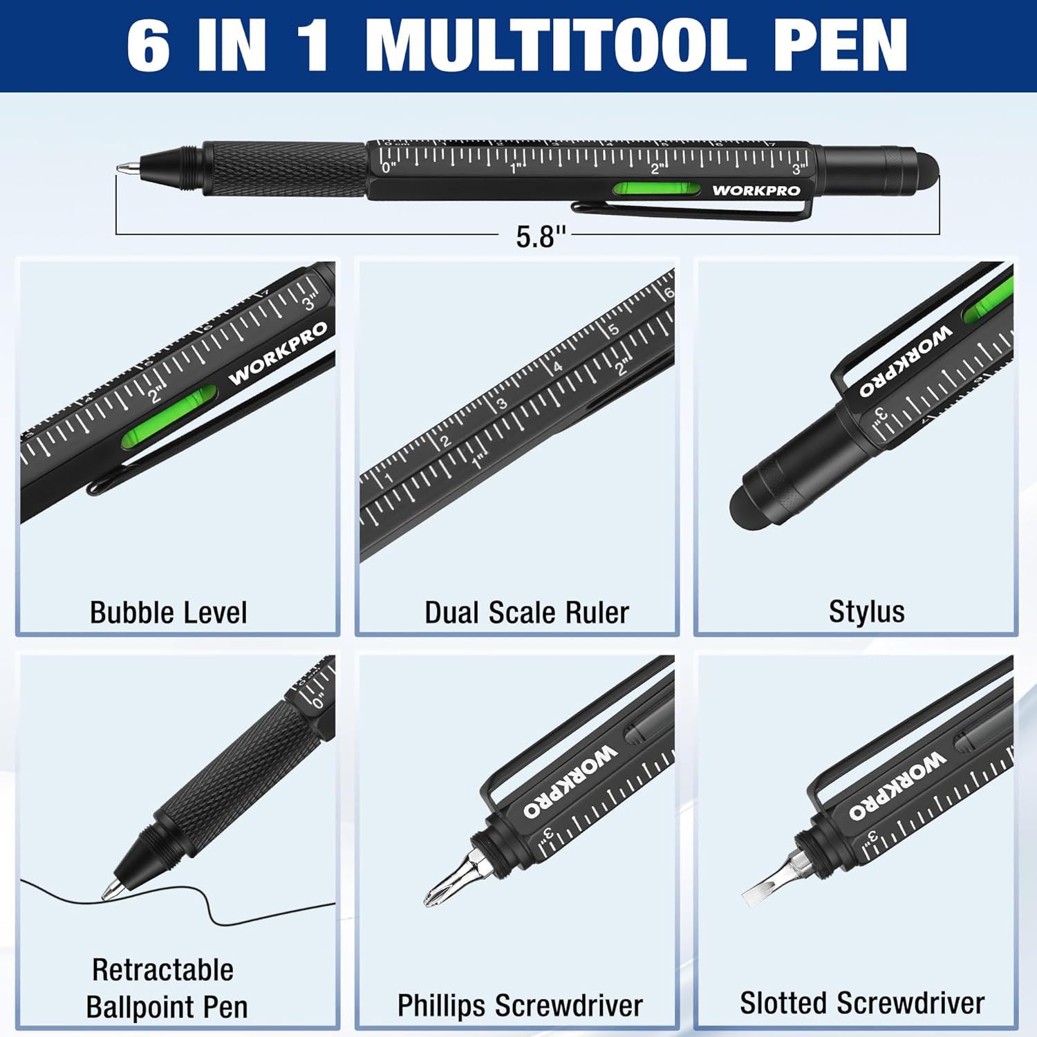 Black 6-in-1 multi-tool pen with bubble level, dual scale ruler, stylus, screwdrivers