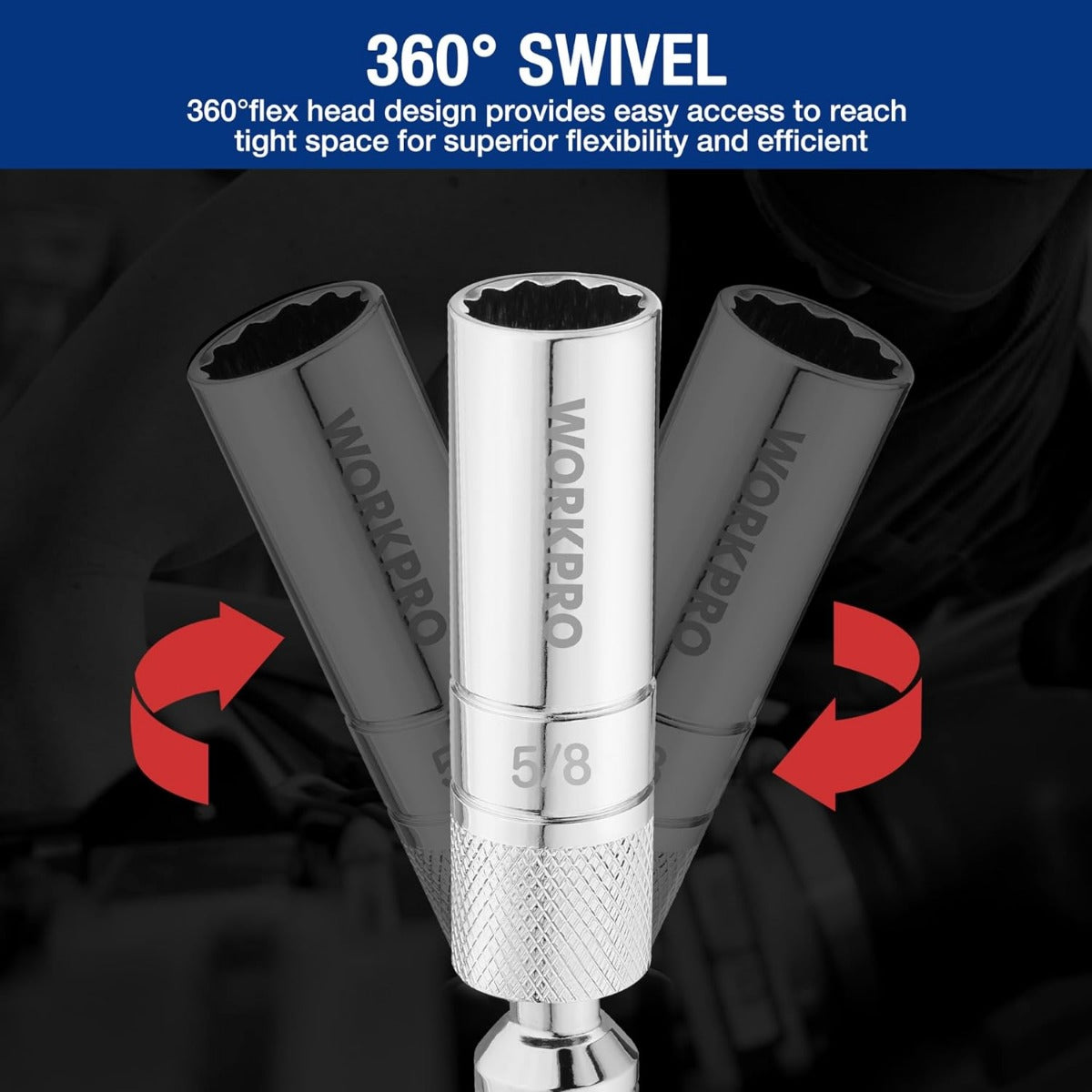 360° swivel spark plug sockets with textured grips and chrome barrels