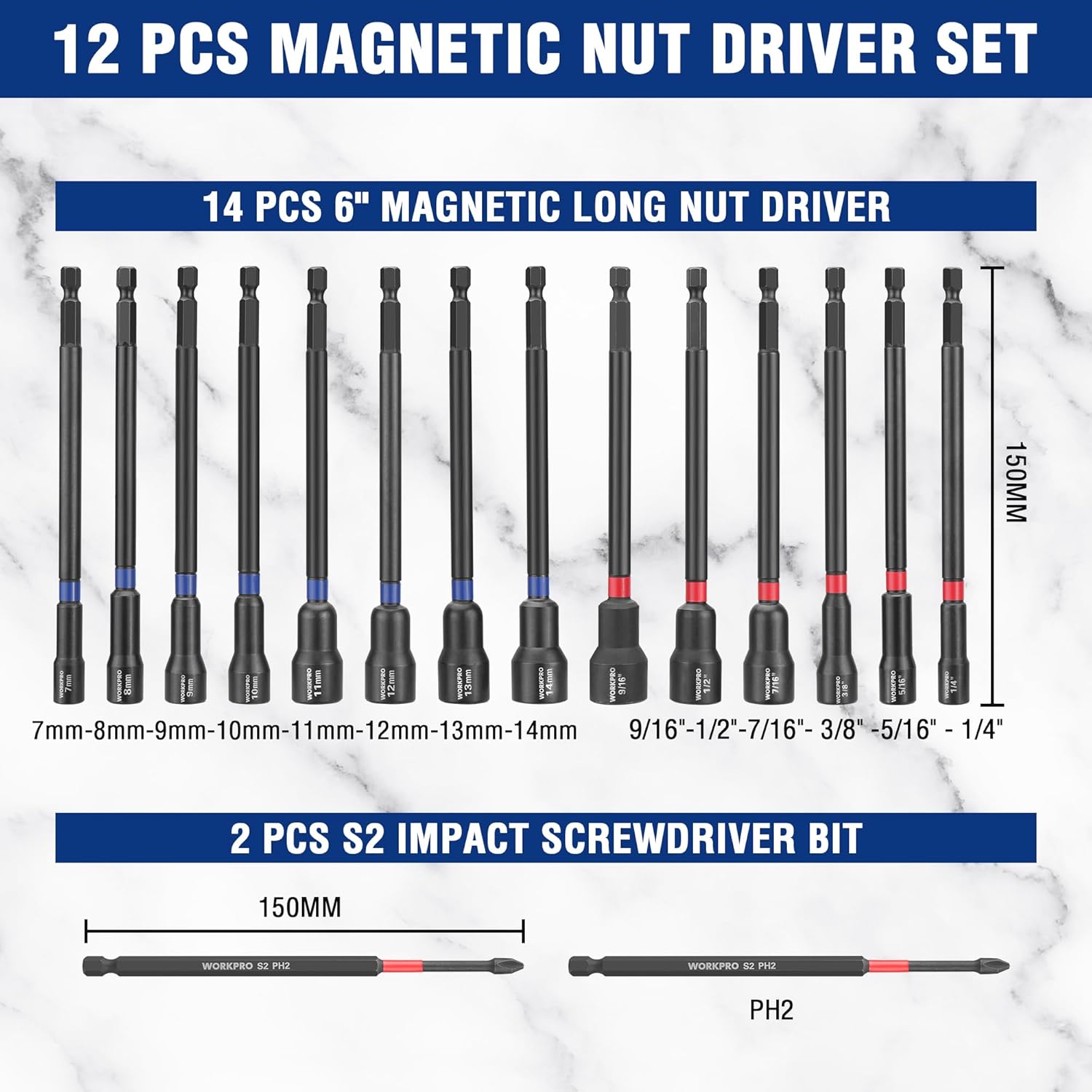 16-piece long magnetic nut driver set with metric and SAE socket nut drivers