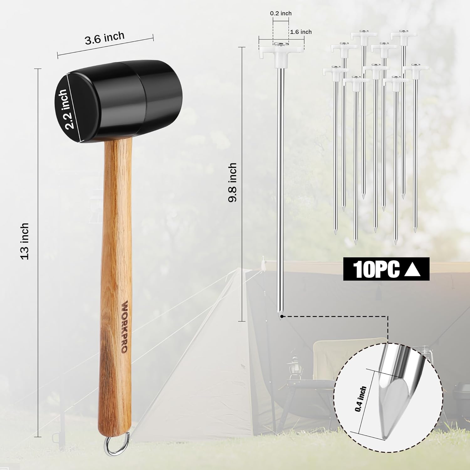 Tent stakes and rubber mallet set with 10 metal stakes and wooden-handled hammer