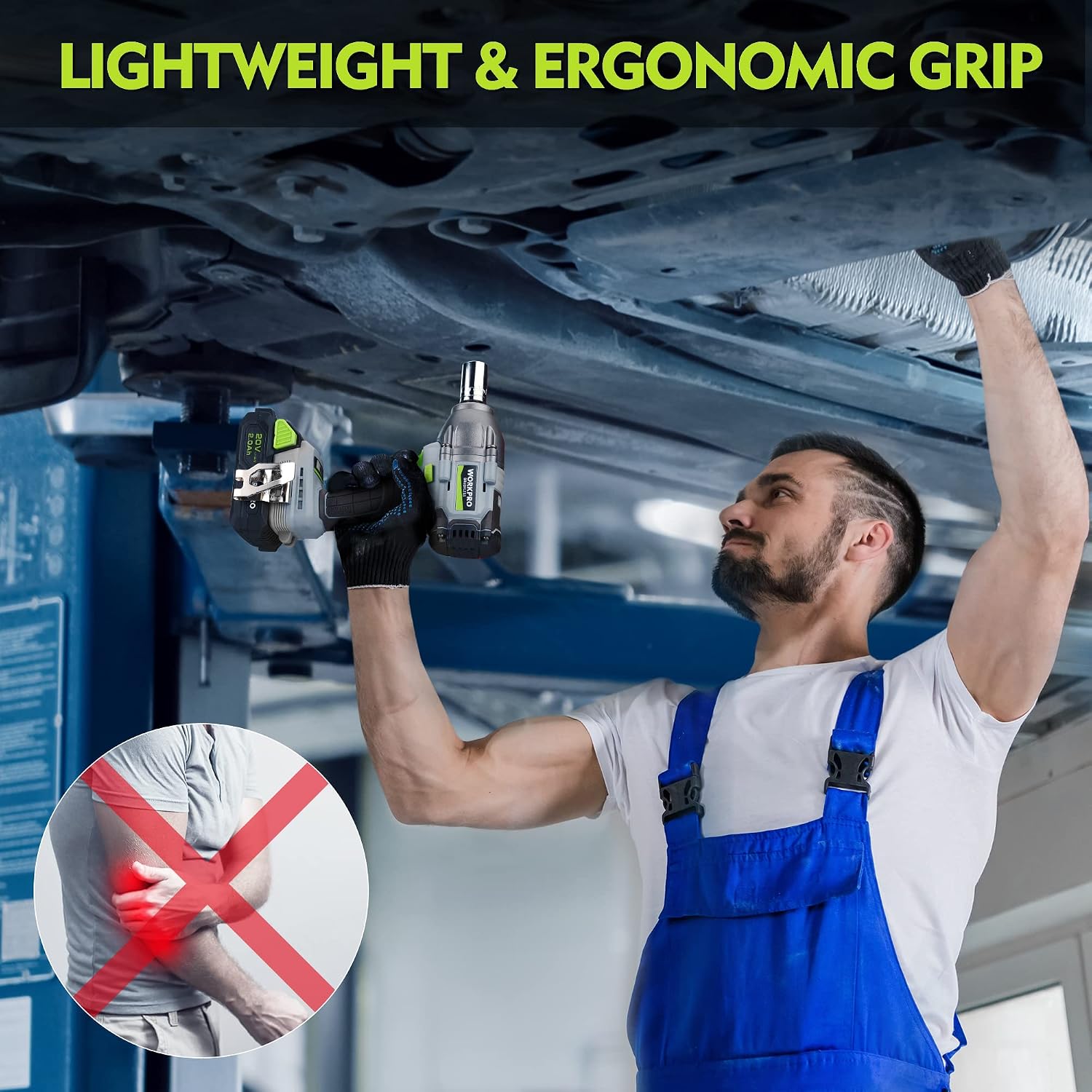 WORKPRO cordless impact wrench with lightweight ergonomic grip, green and gray body