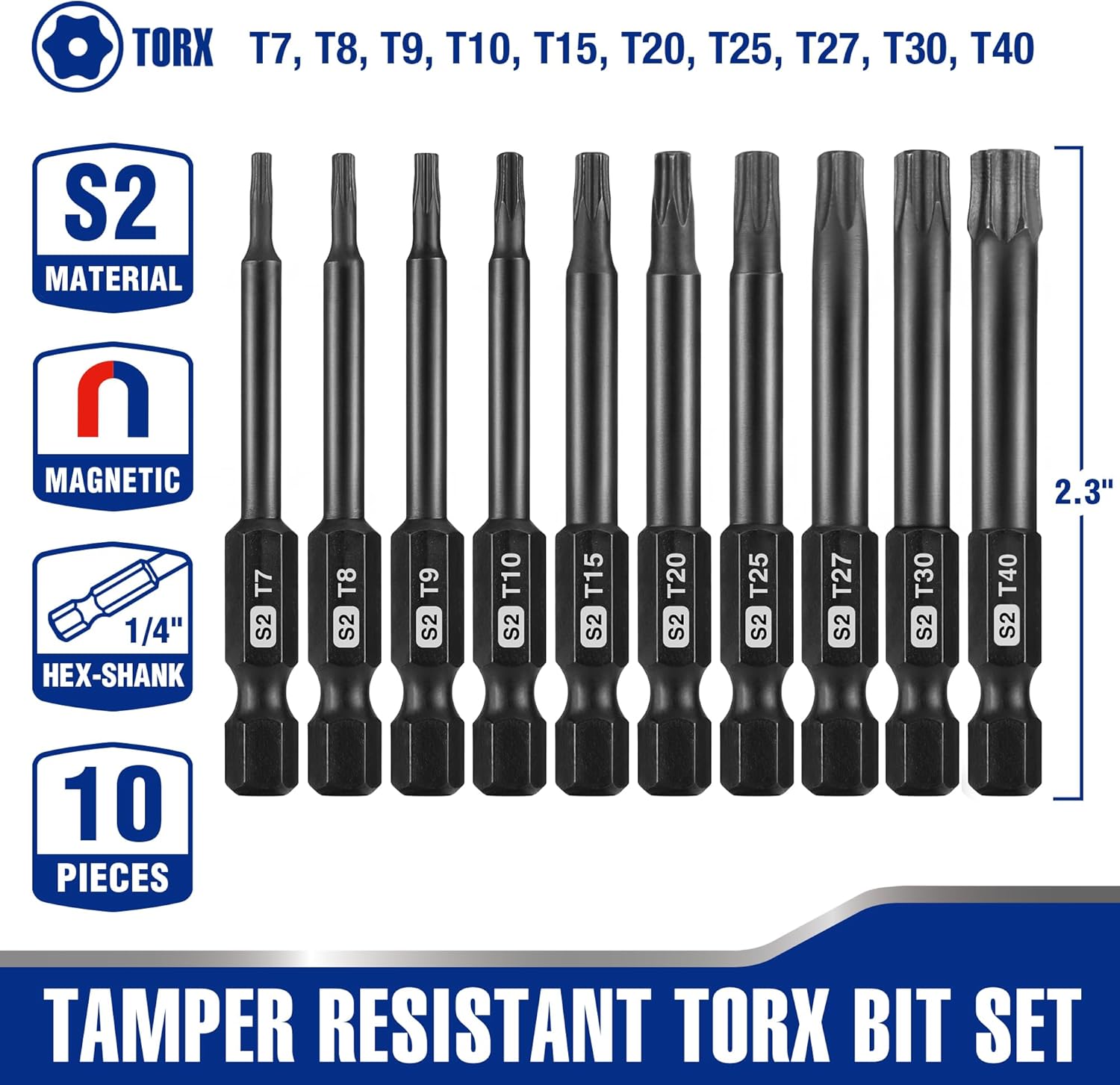 Tamper-resistant Torx bit set with 10 CNC-machined S2 steel star bits, dark finish, 2.3 in