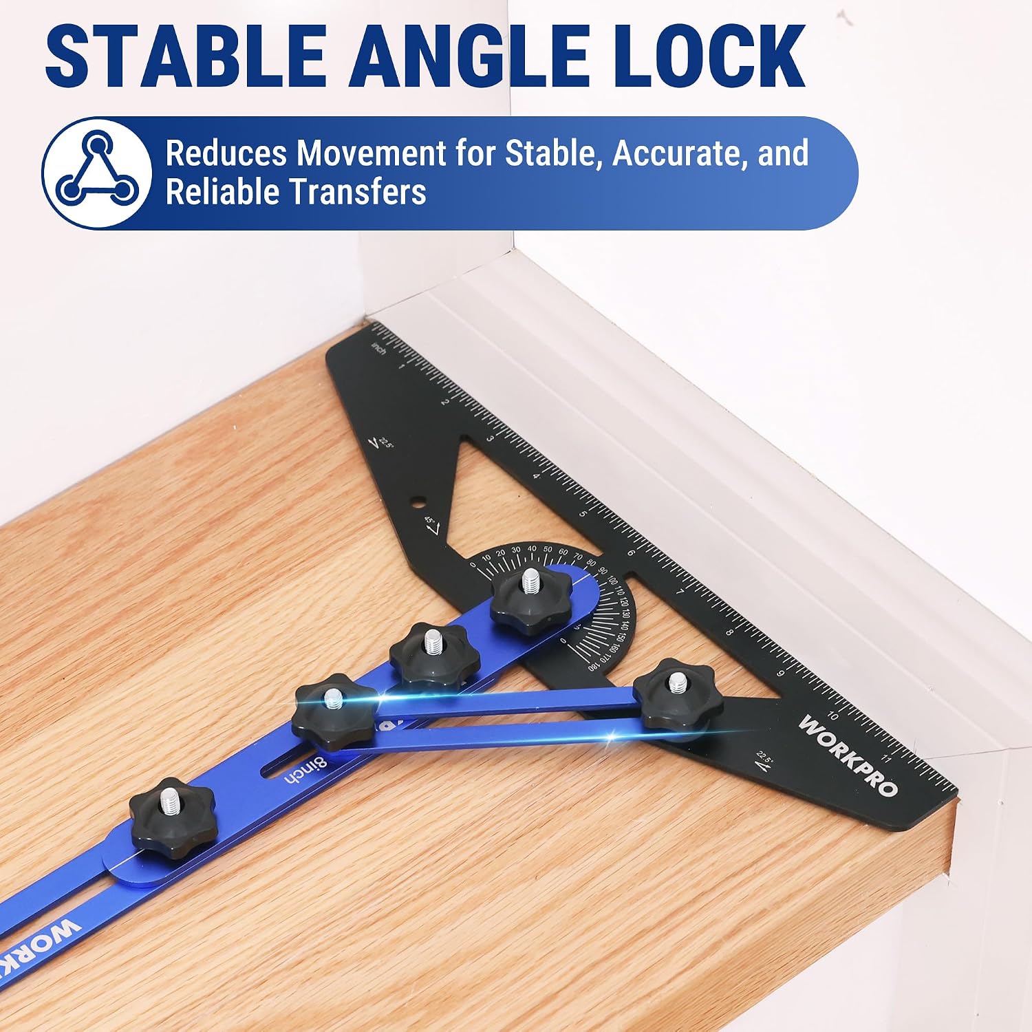 Stair tread measuring gauge with black angle ruler, blue frame, and circular scale on wood