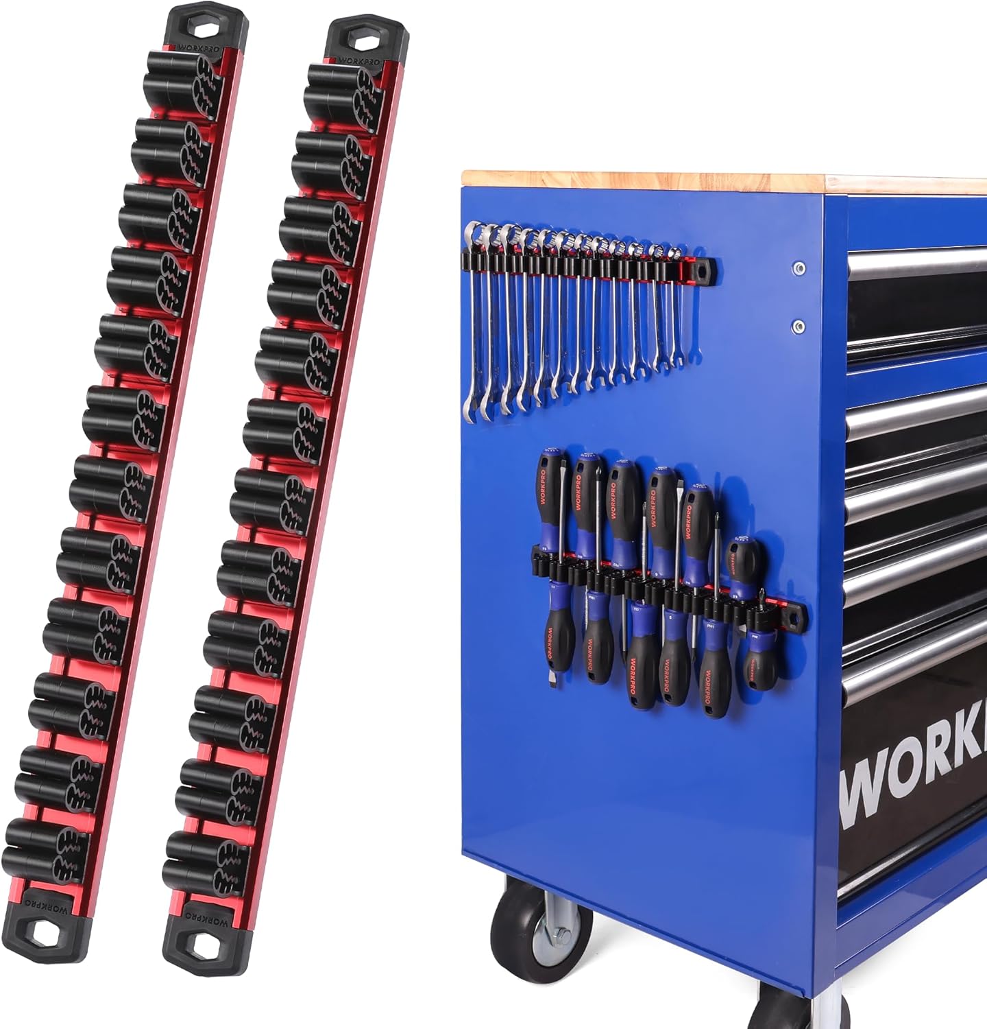 Aluminum magnetic tool organizer cart panel with screwdriver and wrench slots, blue and silver