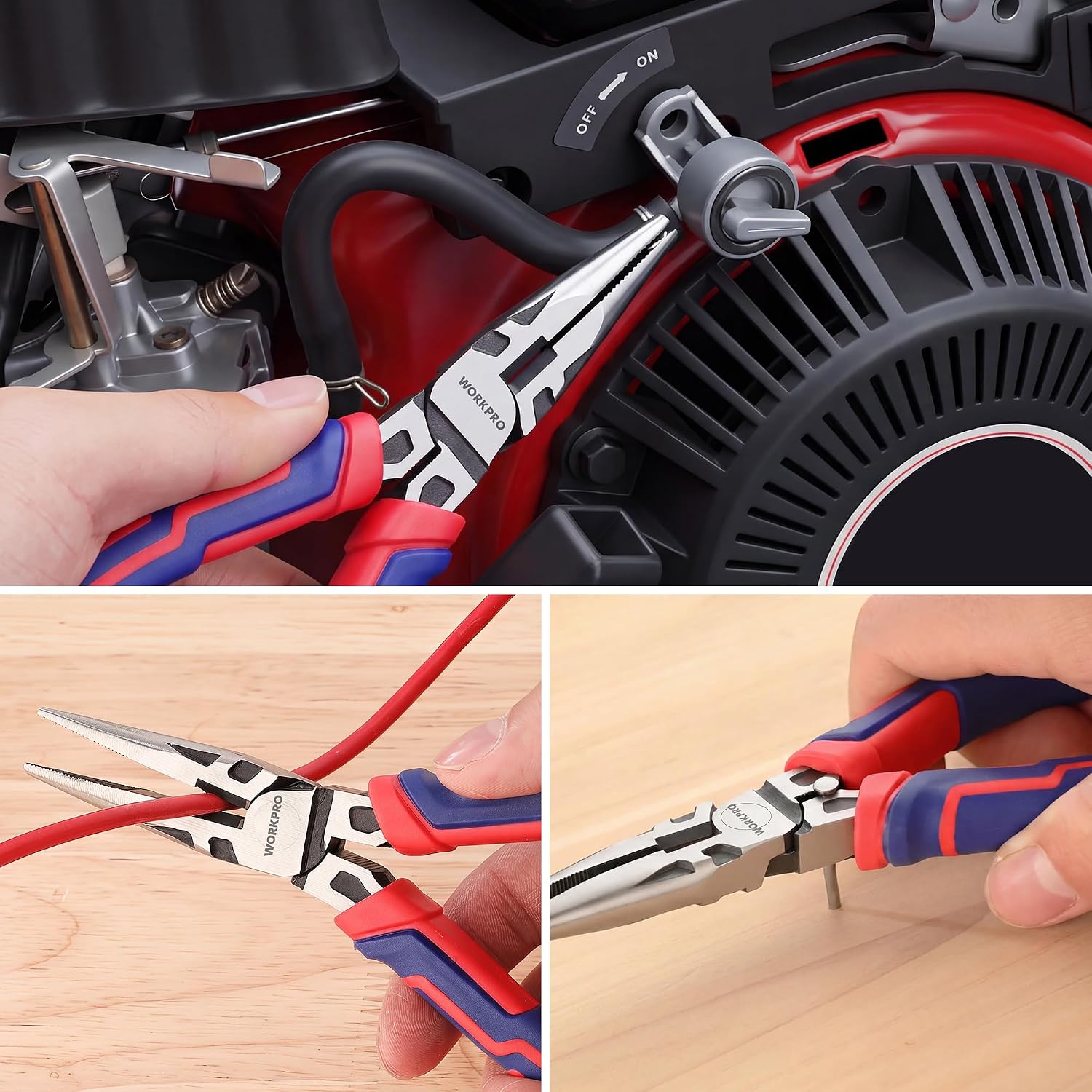 Needle-nose pliers shown from multiple angles in hands, gripping or cutting small parts