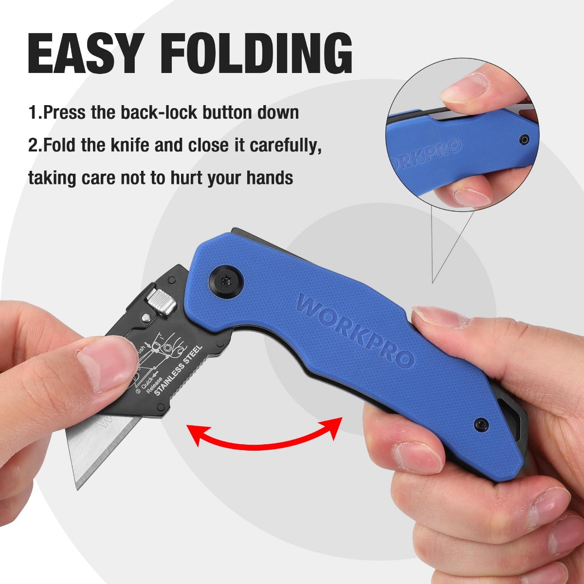 Blue G10 folding utility knife being folded with quick-lock button