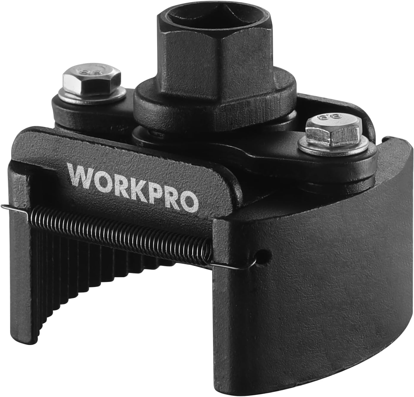 Universal oil filter wrench close-up: black adjustable jaw and WORKPRO branding