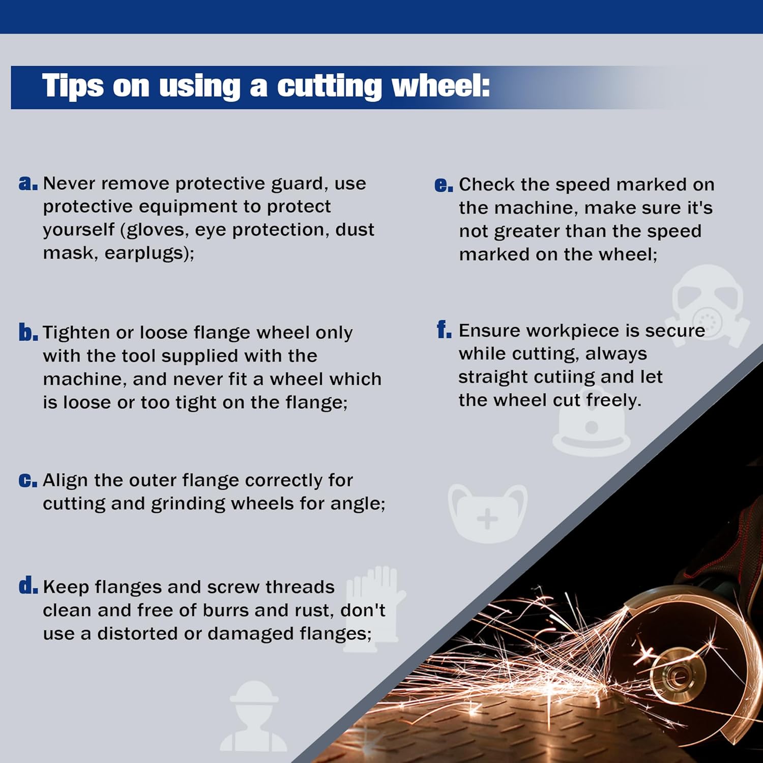 Cut-off wheel safety tips panel with sparks from cutting metal on an angle grinder