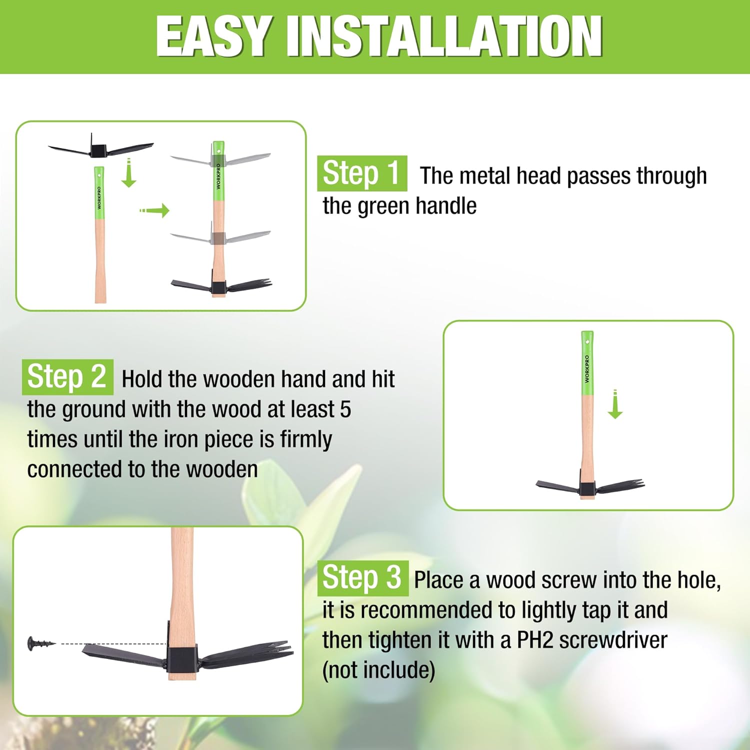Garden hoe and cultivator with wooden handle, green grip, and black metal head
