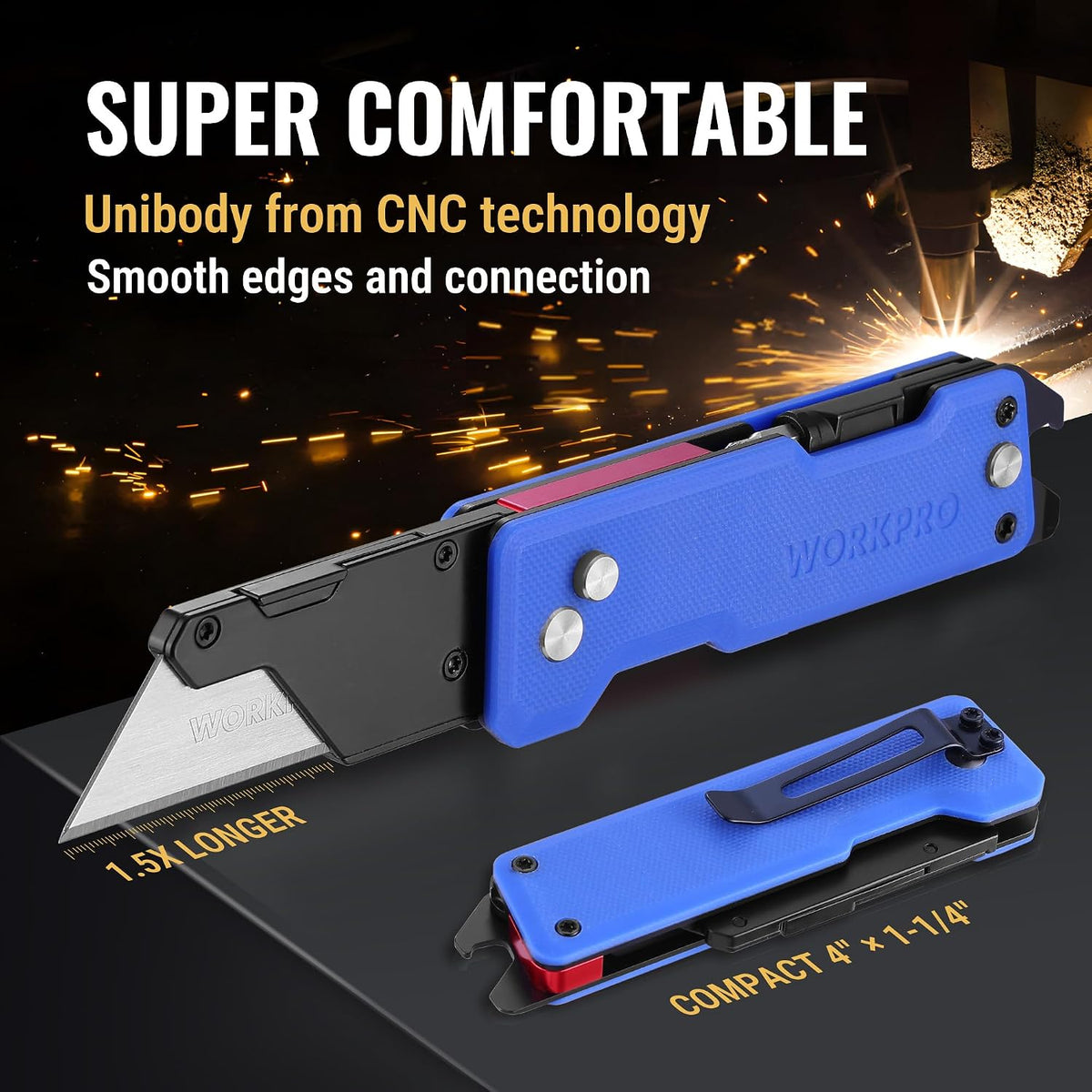 WORKPRO CNC Machined Utility Knife with extra 10 Blades, G10 Blue Handle