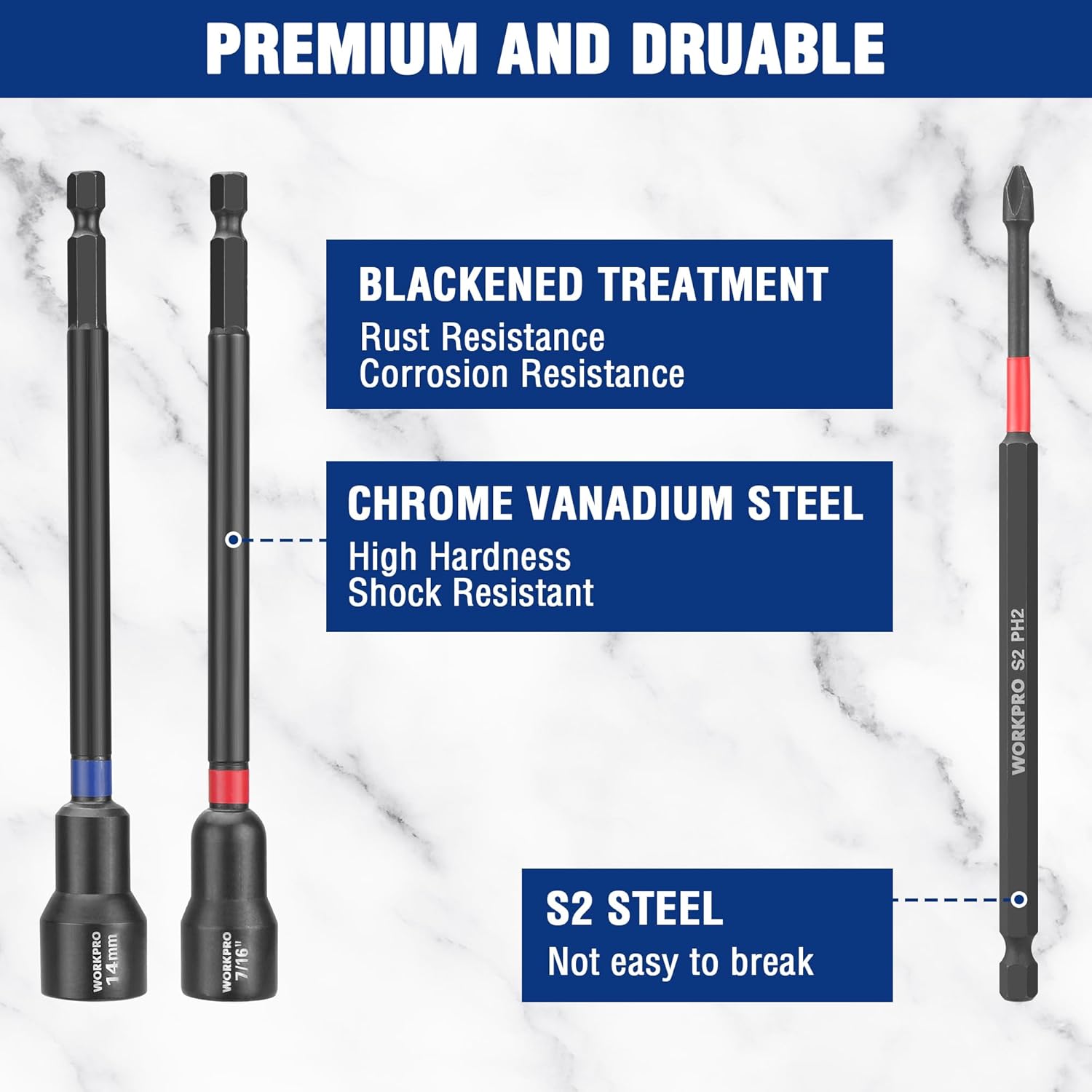Black long nut drivers with blue and red bands; includes S2 steel impact bit