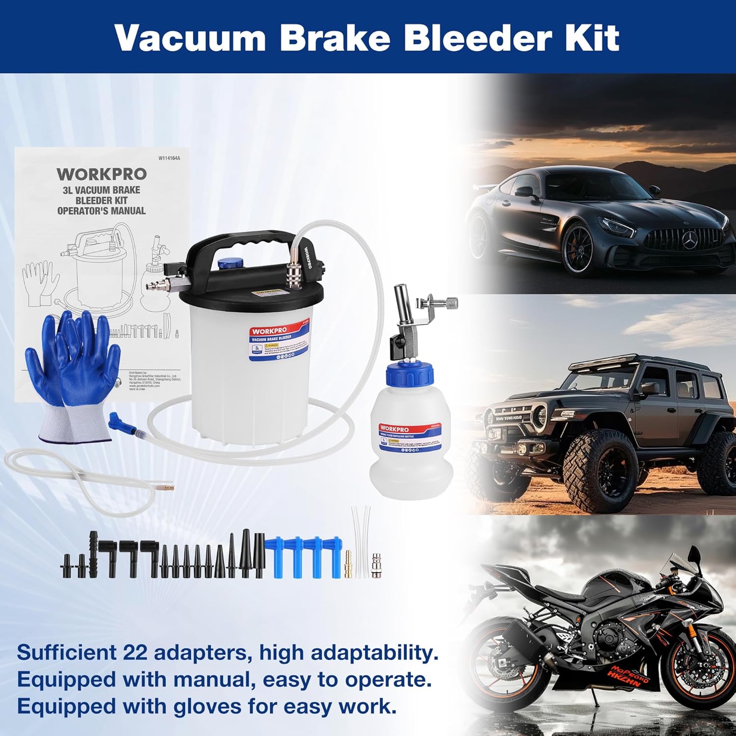 Vacuum brake bleeder kit with gloves, adapters, fluid bottle, and hoses