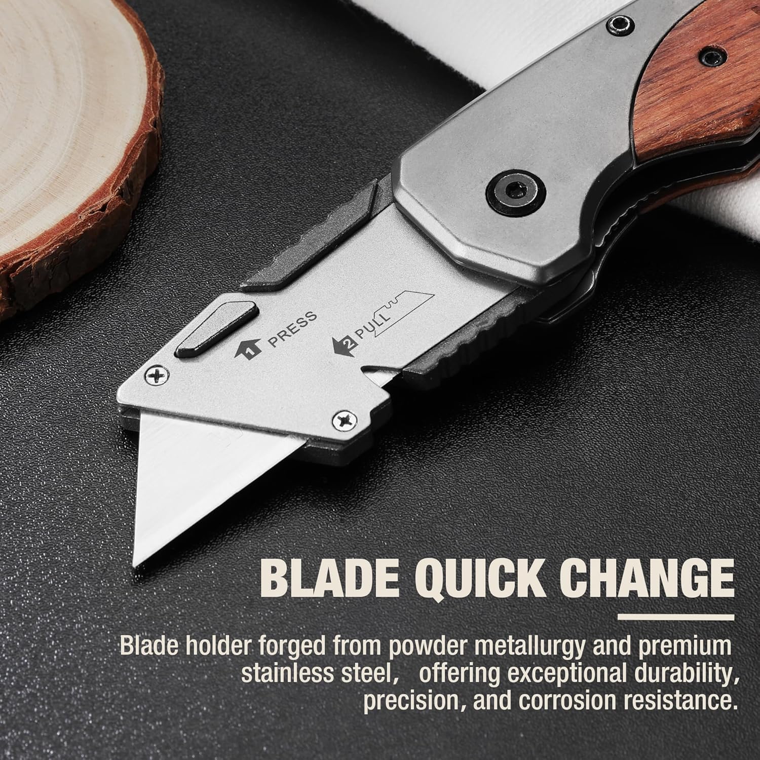 Folding utility knife with triangular blade and dark wood handle