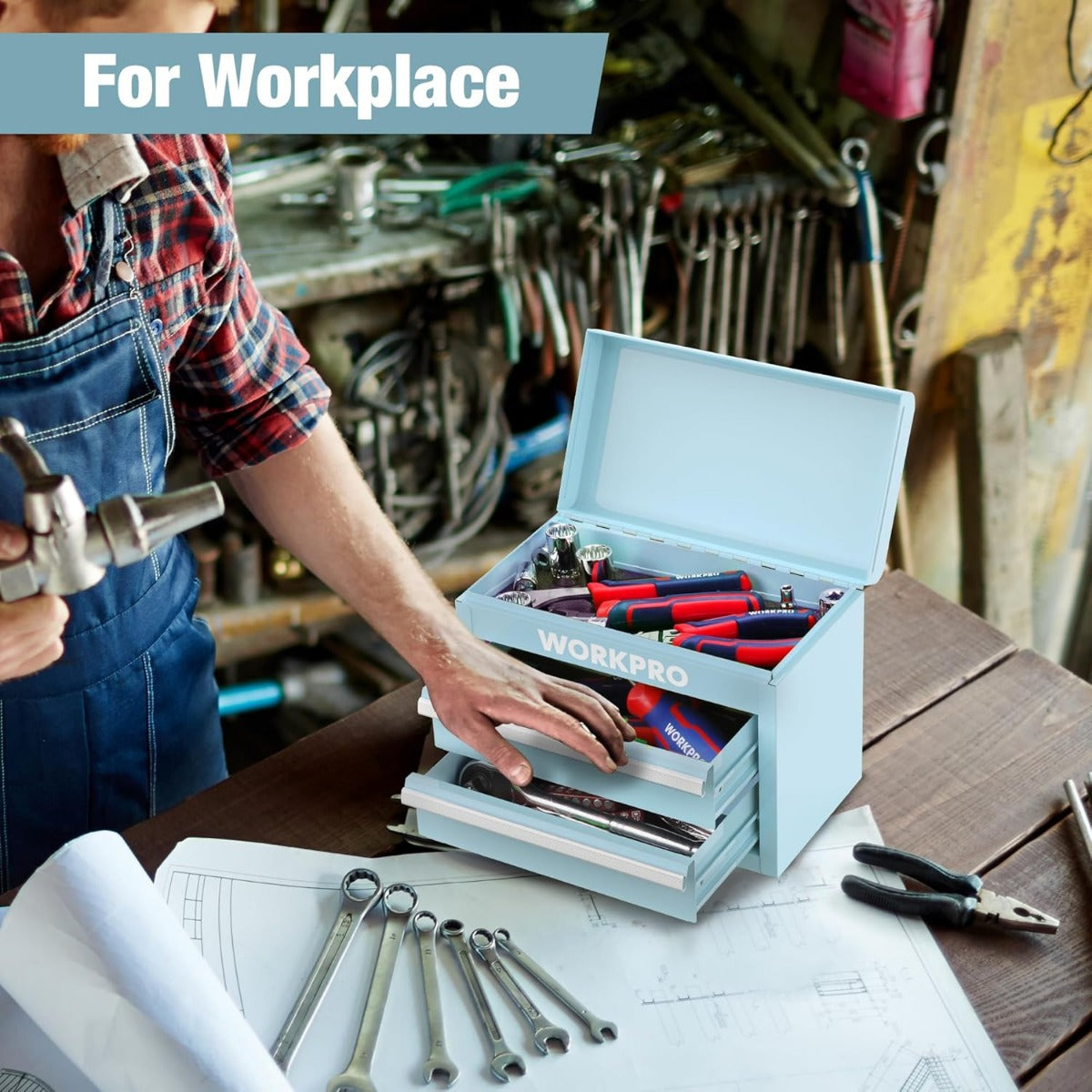 Light blue WORKPRO mini metal tool box with two drawers and top storage, open
