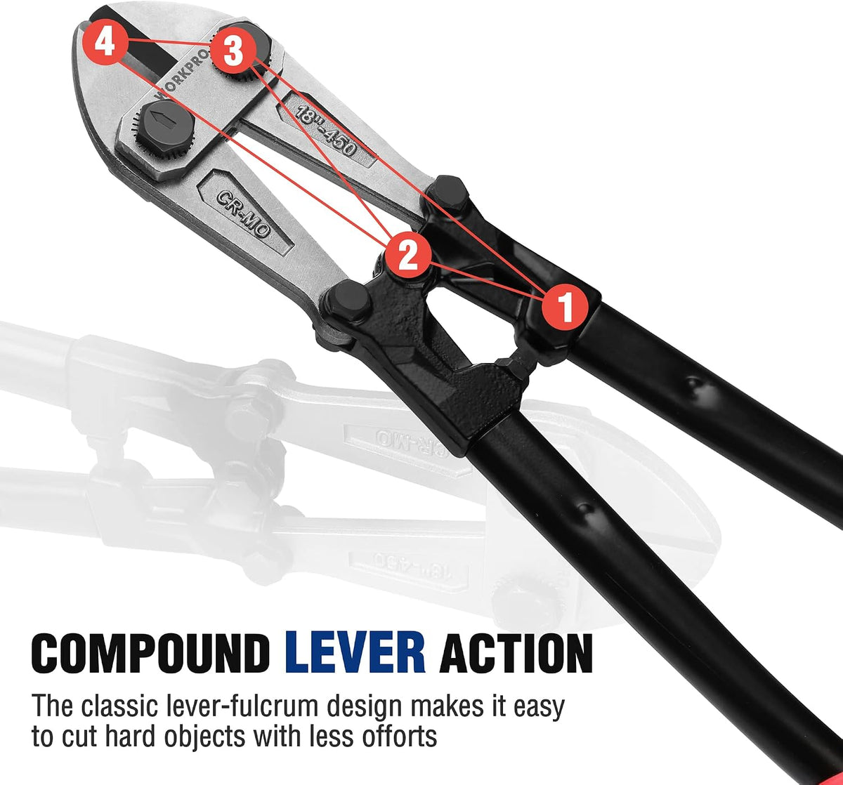 WORKPRO Bolt Cutter, Bi-Material Handle with Soft Rubber Grip, 18", Chrome Molybdenum Steel Blade