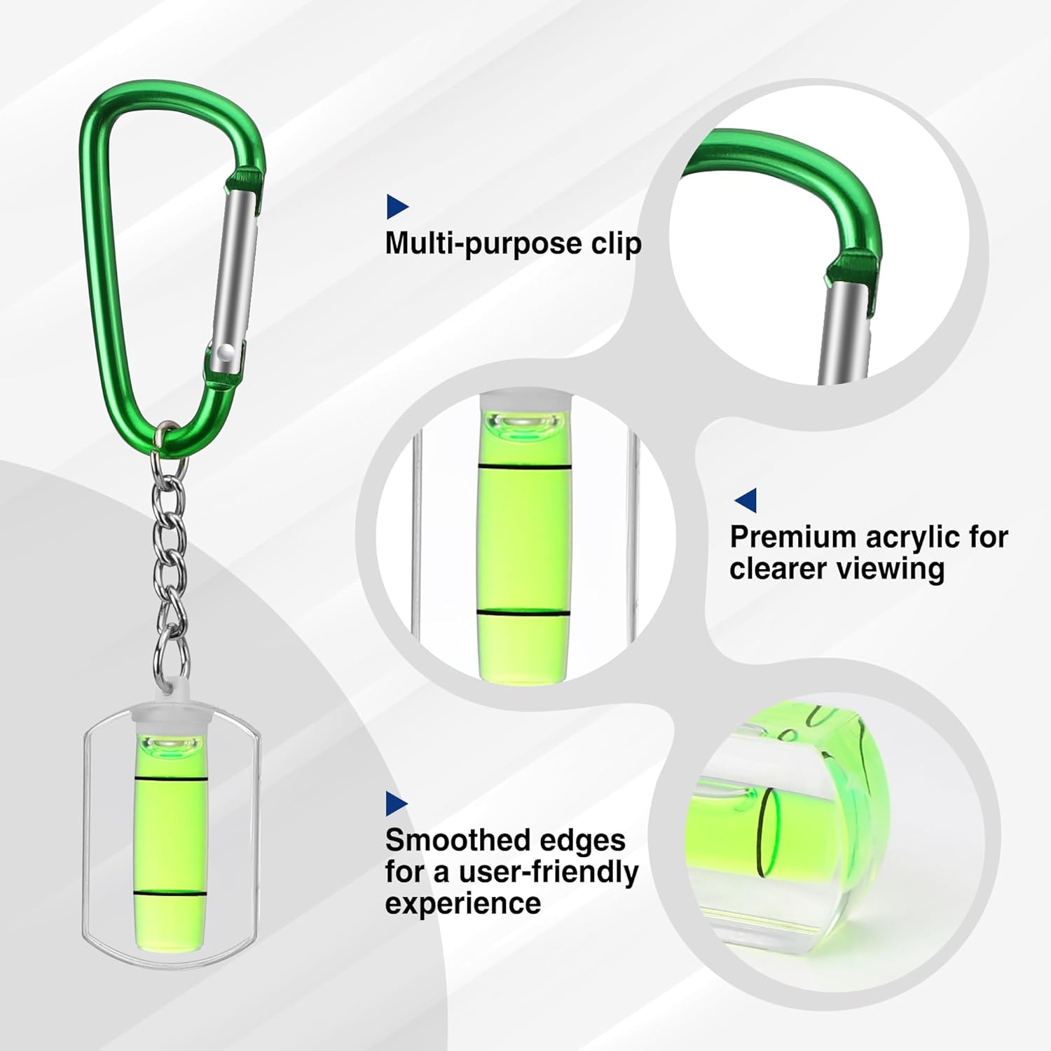 Green carabiner keychain mini bubble level with translucent neon vial