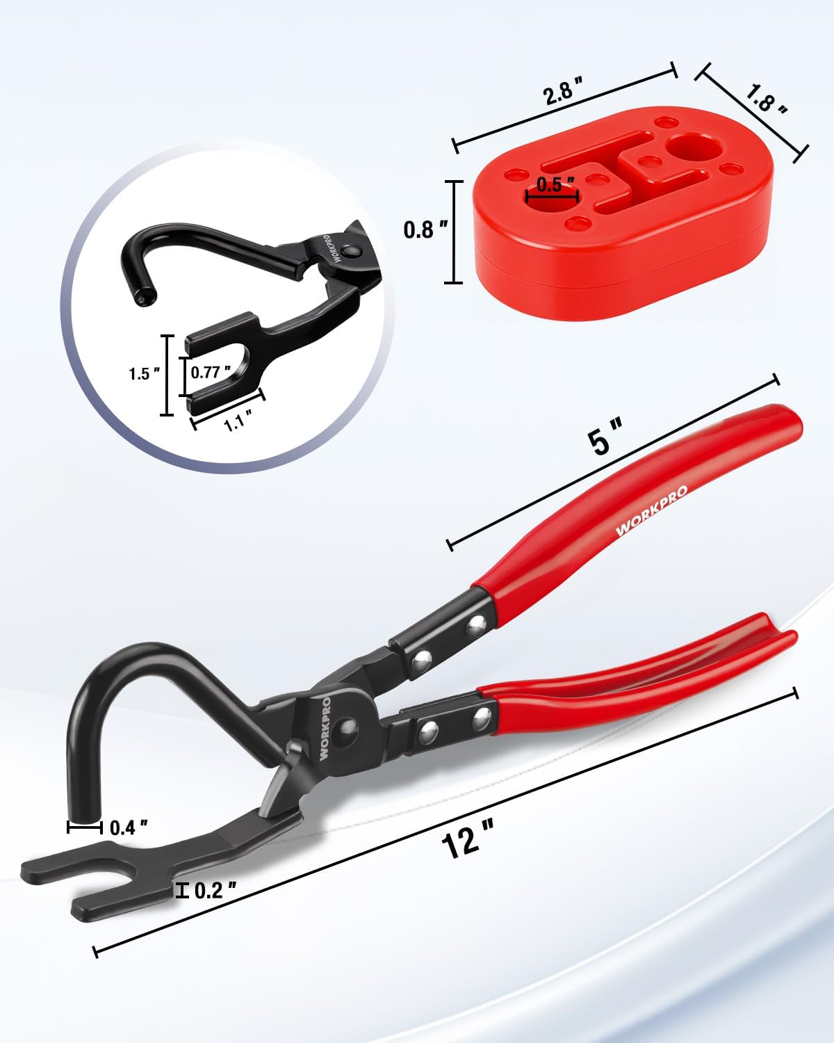 Red and black exhaust hanger removal pliers with U-shaped jaws and locking pins