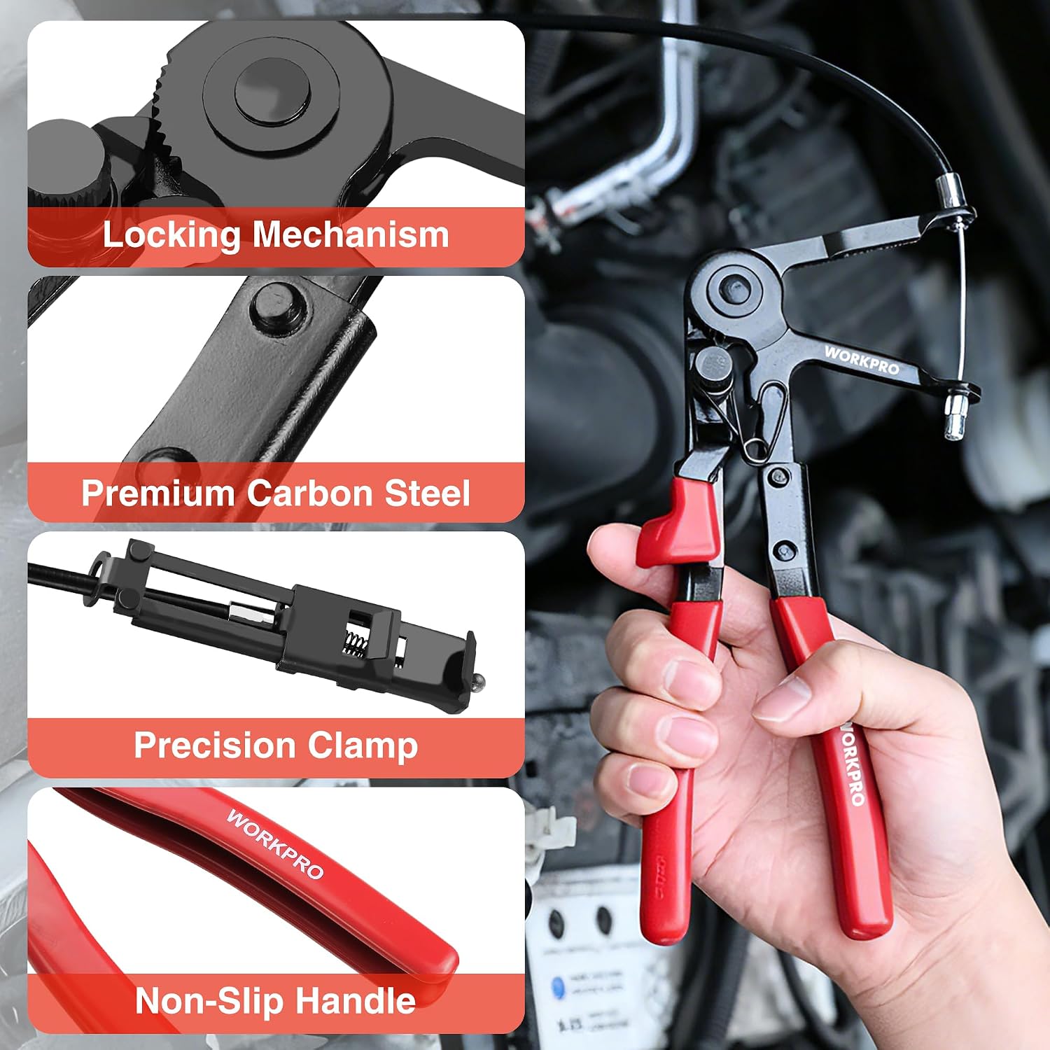 Red-and-black hose clamp pliers with locking mechanism and non-slip handle