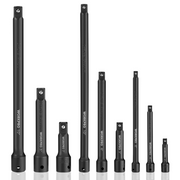 Black impact driver extension bars lined up, varying lengths with hex drive ends