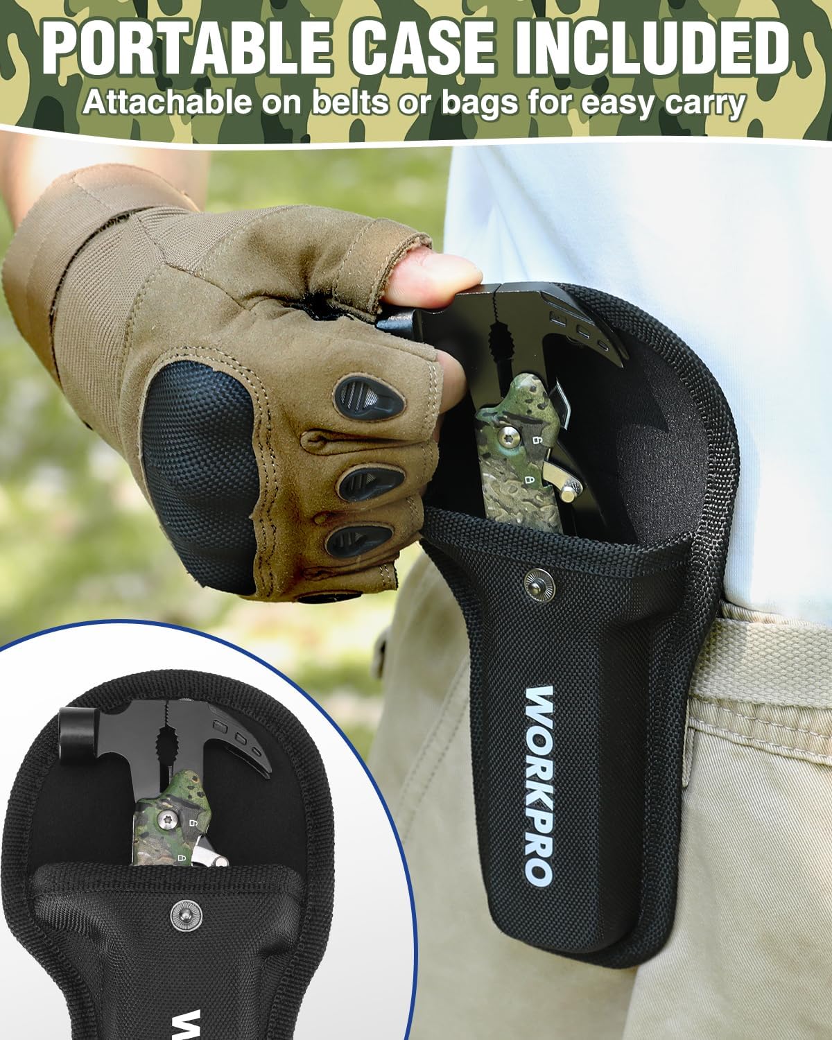 WORKPRO 12-in-1 multitool in black carry pouch, camouflage handles, belt attachment