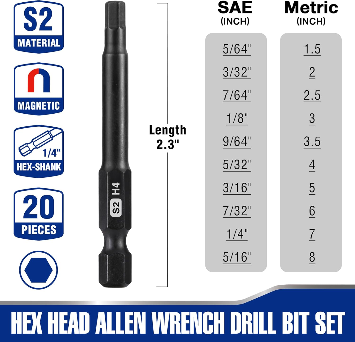 Magnetic 1/4-inch hex-head Allen wrench drill bit, S2 steel, 2.3 in length