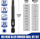 WORKPRO 20pcs Hex Head Allen Wrench Drill Bit Set, CNC Machined S2 Steel Magnetic Metric and SAE Hex Bits, 1/4 Inch Square Shank Driver Bits, 2.3" Long Screwdriver Bits Set With Storage Box