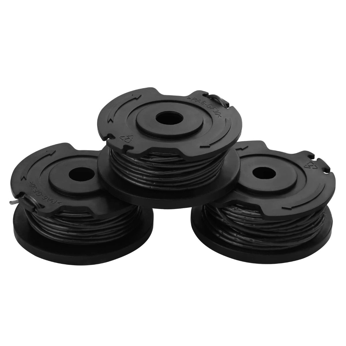 Three black trimmer line spools with central hubs