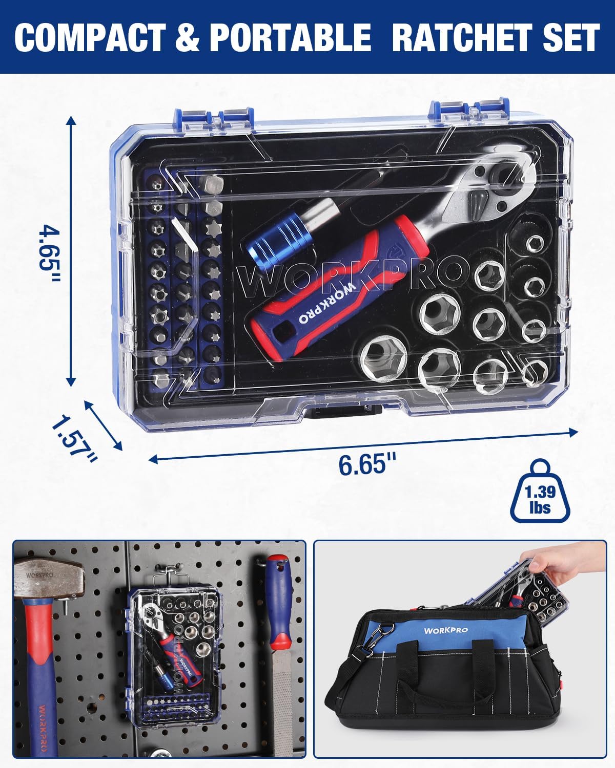 Compact ratchet set in clear hard case with sockets, bits, and ratchet wrench